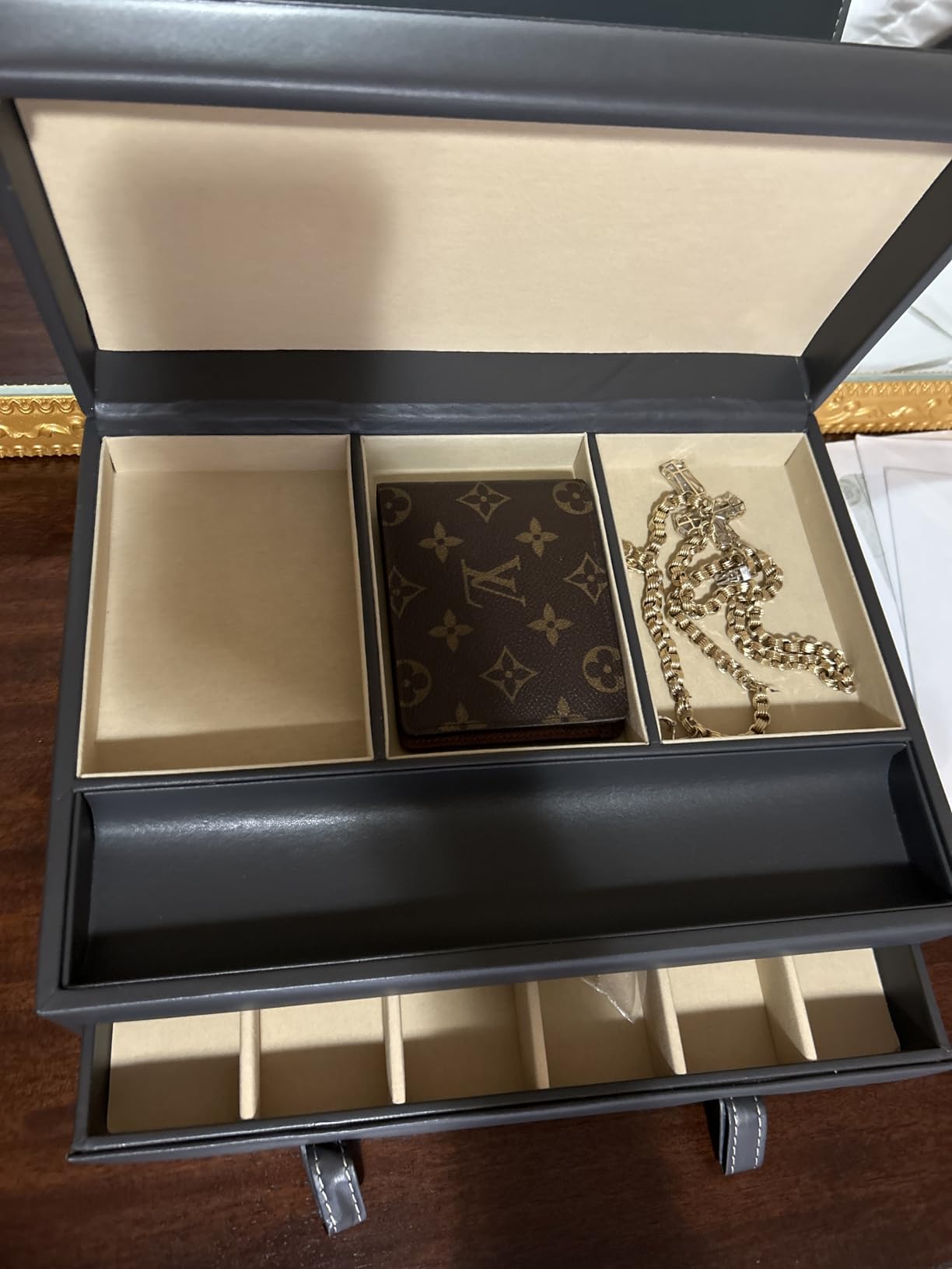 Stock Your Home Mens Valet Tray, Men's Jewelry Box, Night Stand Organizers and Storage, Bedside Table Organizer, Watch Box for Dresser, Faux Leather (Black & Beige) customer photo 1