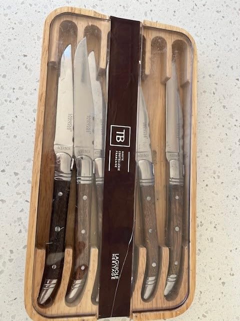 Trudeau Laguiole Steak Knives Set of 6 - Premium Stainless Steel Serrated Blades with Pakkawood Handles - Dishwasher Safe Steak Knife Set for Dinner, BBQ, or Gifting - Rustic Elegant Design customer photo 2