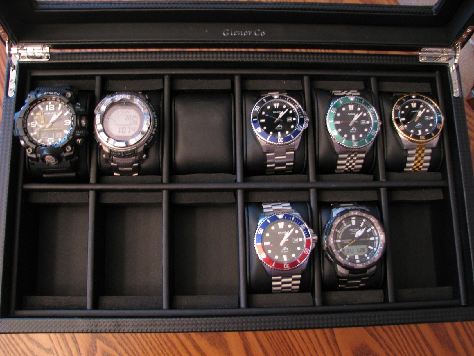 Glenor Co Watch Box for Men - 24 Slot Luxury Display Case Organizer, Carbon Fiber Design - Metal Buckle for Mens Jewelry Watches, Men's Storage Holder w Large Glass Top, Drawer & Leather Pillows - Black customer photo 1