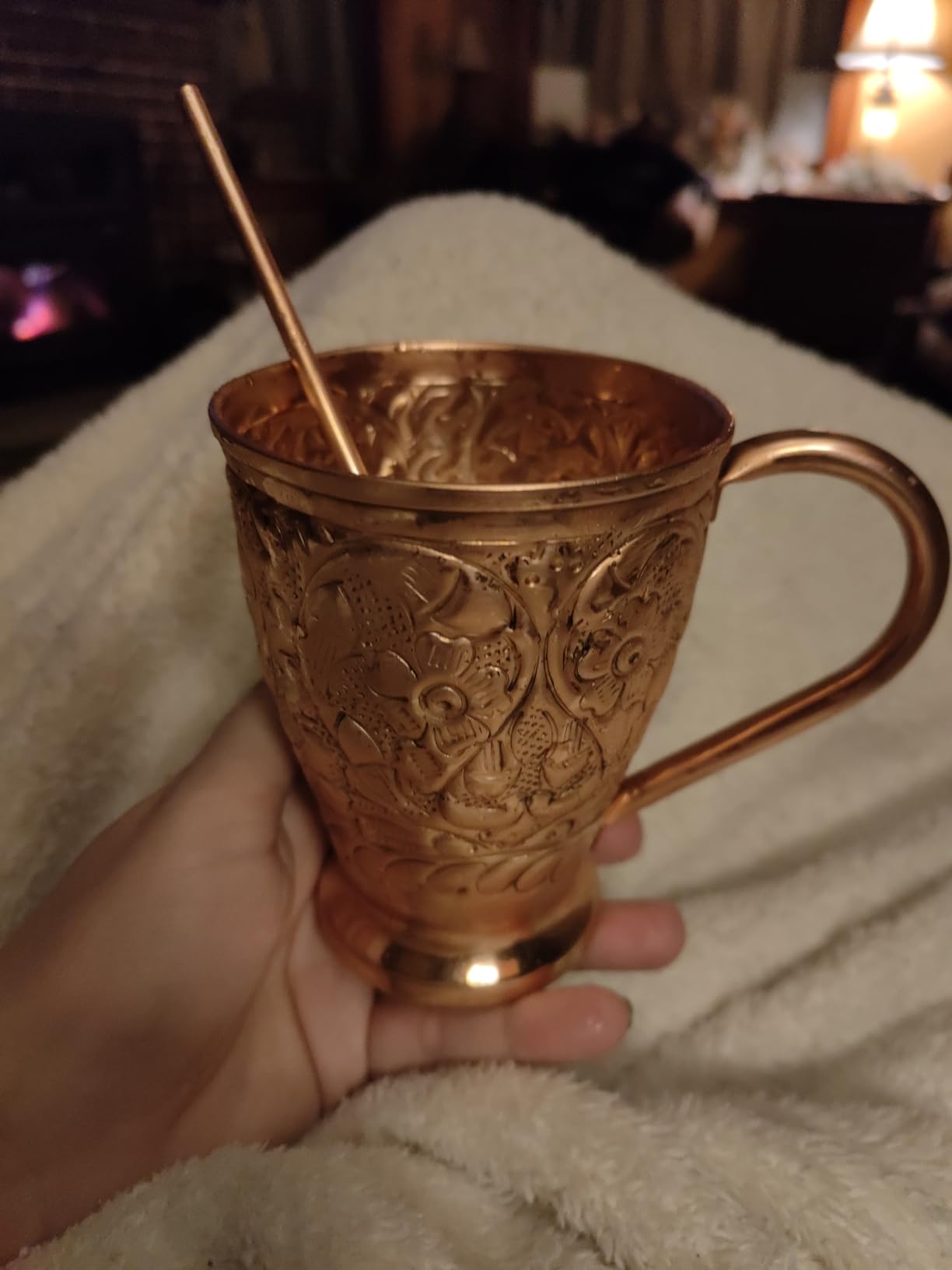 Kamojo Copper Cups Set of 2 with Unique Handcrafted Embossed Design with Anti-Tarnish Food-Grade Coating - Moscow Mule Copper Mugs Gift Set with 2 Straws & Recipe E-Book, 16 oz customer photo 2