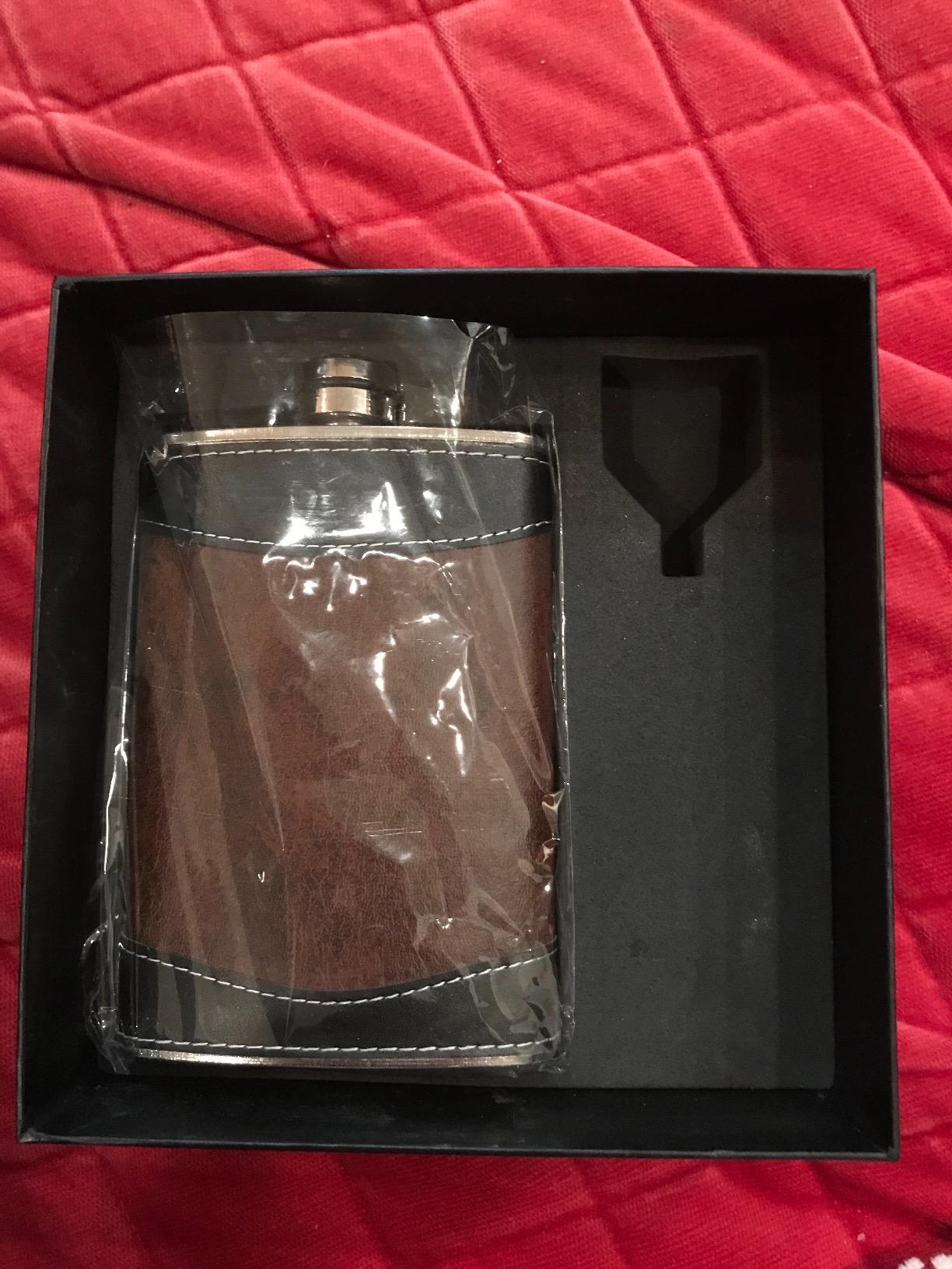 Flasks for liquor for Men, 8oz Heavy Duty Hip Flask with Funnel, Black and Brown, Gift boxed customer photo 1