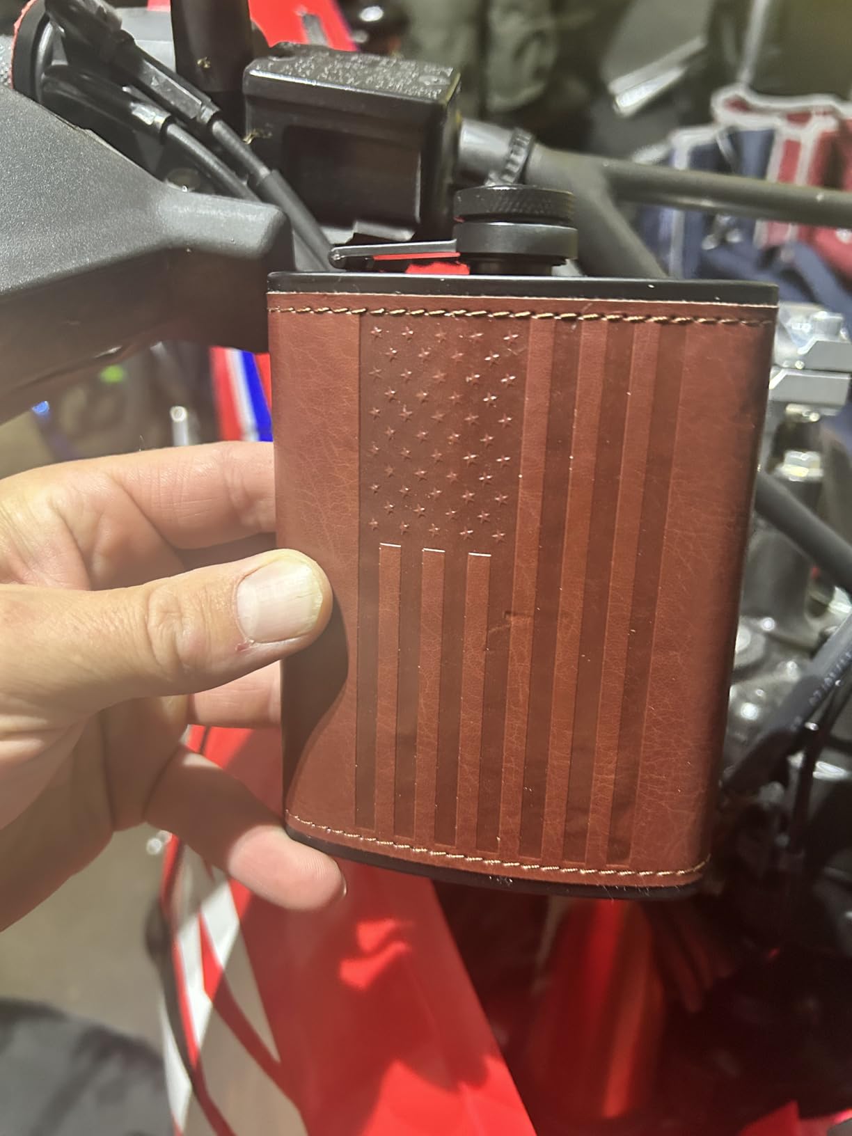 Leather American Flag Hip Flask - Leak Proof Food Grade Stainless Steel for Whiskey or Bourbon Liquor | Bonus Funnel (USA 8 Ounce Flask, Brown Leather Wrap) customer photo 1