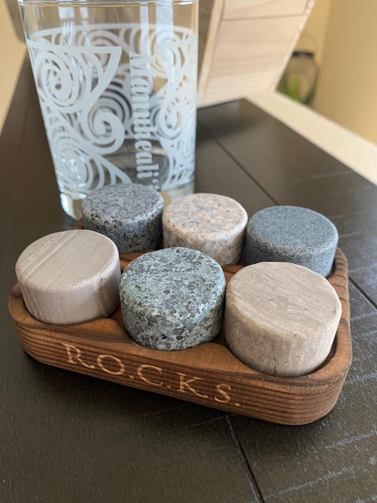 Whiskey Chilling Stones - Set of 6 Handcrafted Premium Granite Round Sipping Rocks - Hardwood Presentation & Storage Tray by R.O.C.K.S. customer photo 1