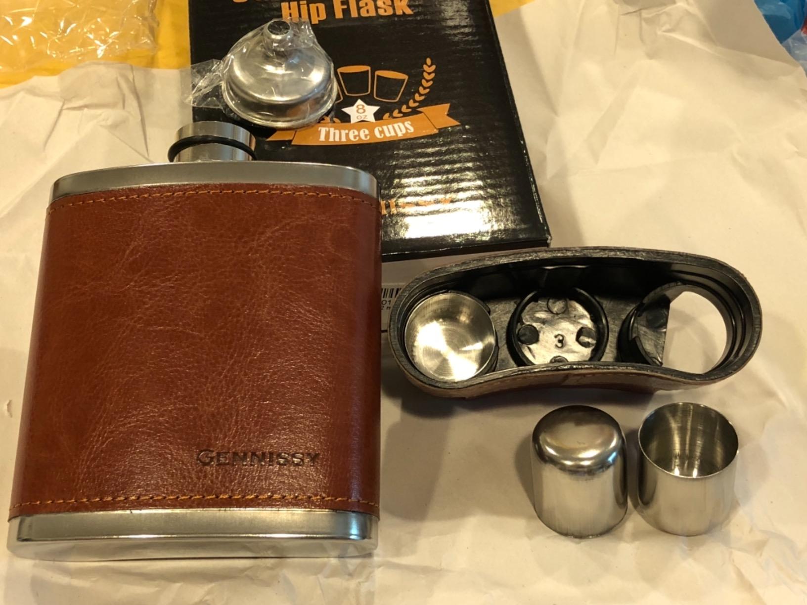 GENNISSY 8oz Hip Flask for Men - 304(18/8) Stainless Steel Bourbon Whiskey Flask, Leakproof with Brown Leather Wrap - Includes Funnel & 3 Mini Cups for Dad, Gifts, Travel customer photo 2