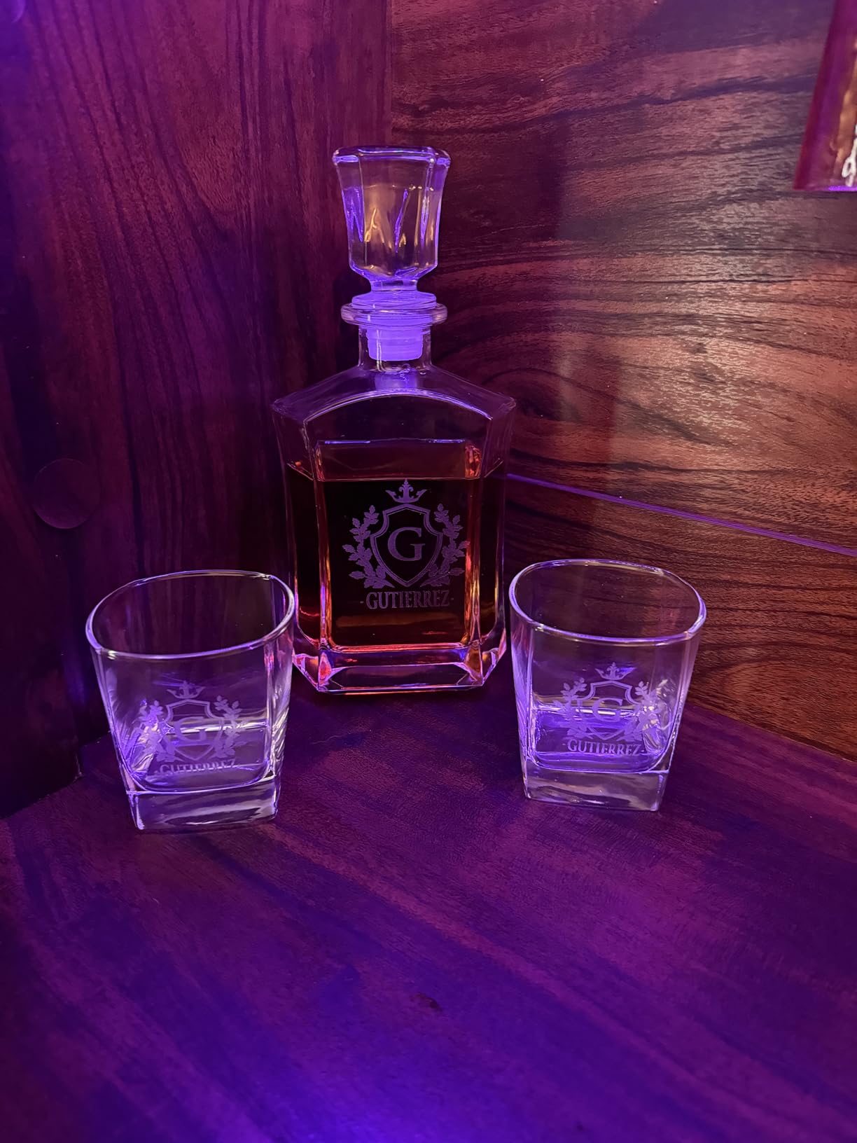 My Personal Memories, Personalized 5 pc Whiskey Decanter Set - Decanter and 4 Glasses Gift Set - Custom Engraved with Name and Initial (Shield Design) customer photo 1