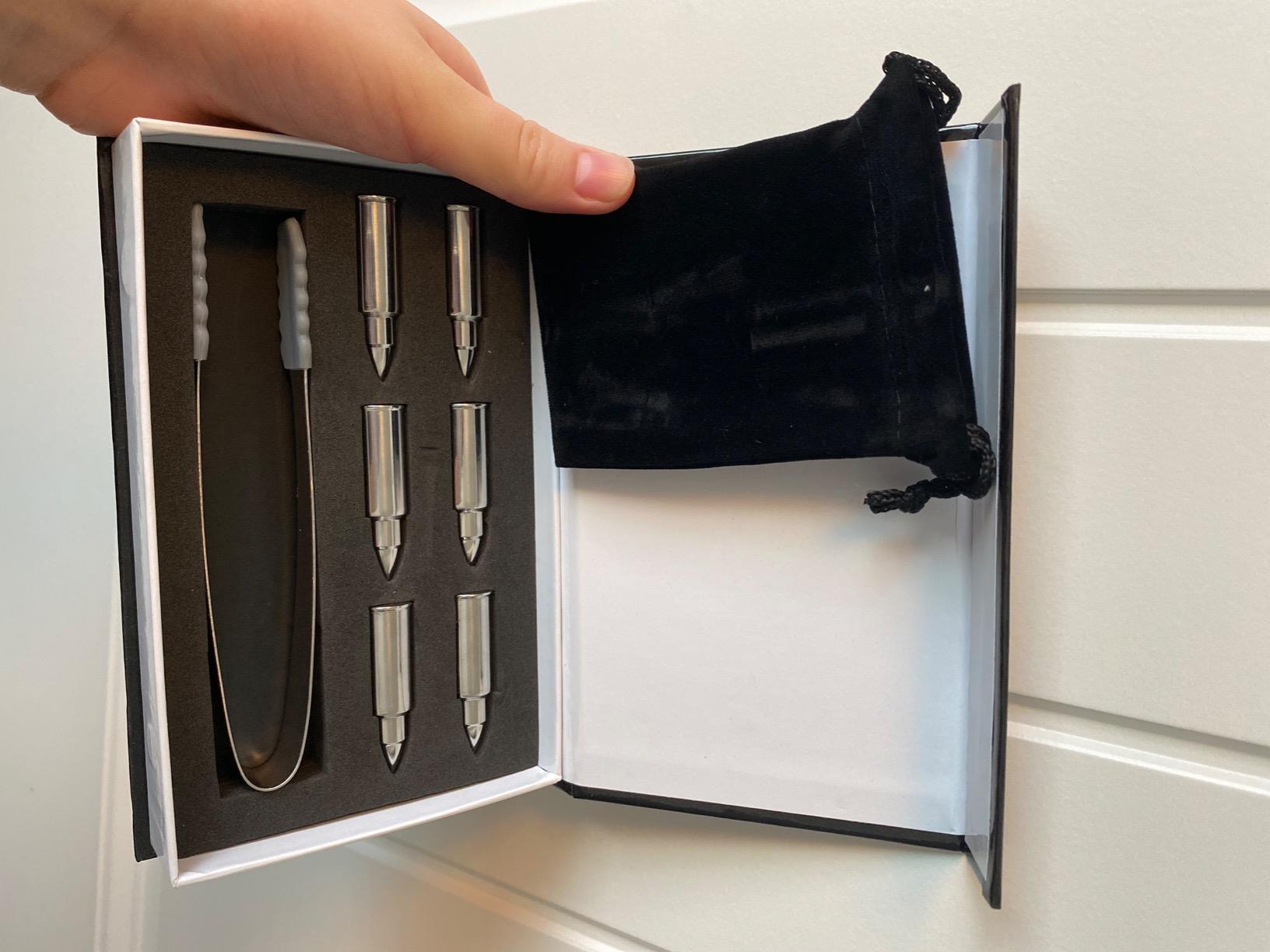 Bullet Whiskey Chillers Stones - Whiskey Rocks by The Wine Savant Set of 6 - Stainless Steel Bullet Shaped Ice Cubes, Gift Box Come, Tongs and Storage Bag, Whiskey or Scotch Rocks (Silver) customer photo 2