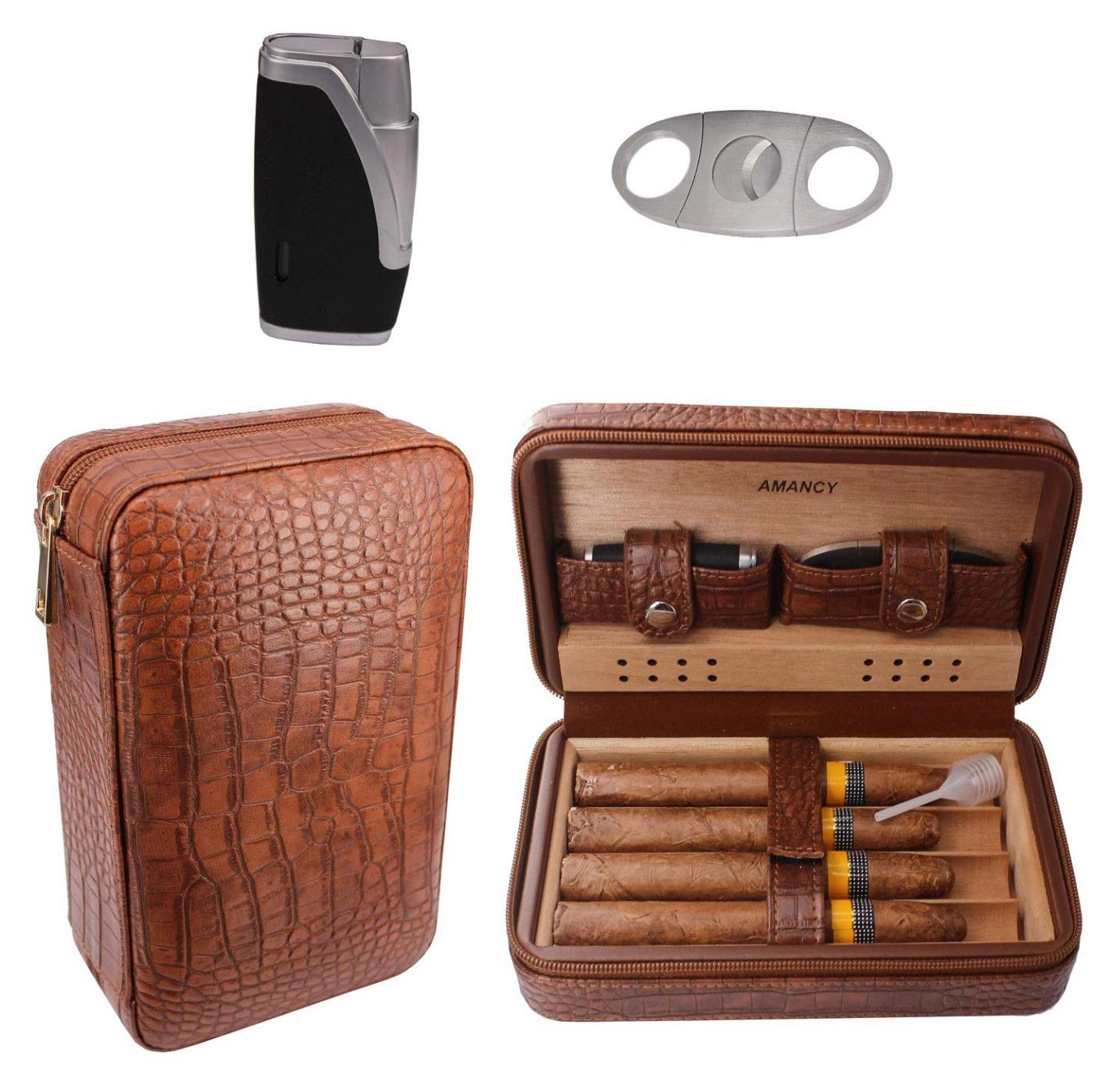 AMANCY Premium Brown Leather Travel Cigar Case,Luxury Portable Cigar Humidor W/Quality Cigar Cutter Lighter Set customer photo 1