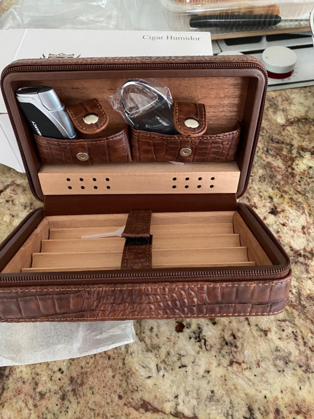 AMANCY Premium Brown Leather Travel Cigar Case,Luxury Portable Cigar Humidor W/Quality Cigar Cutter Lighter Set customer photo 2