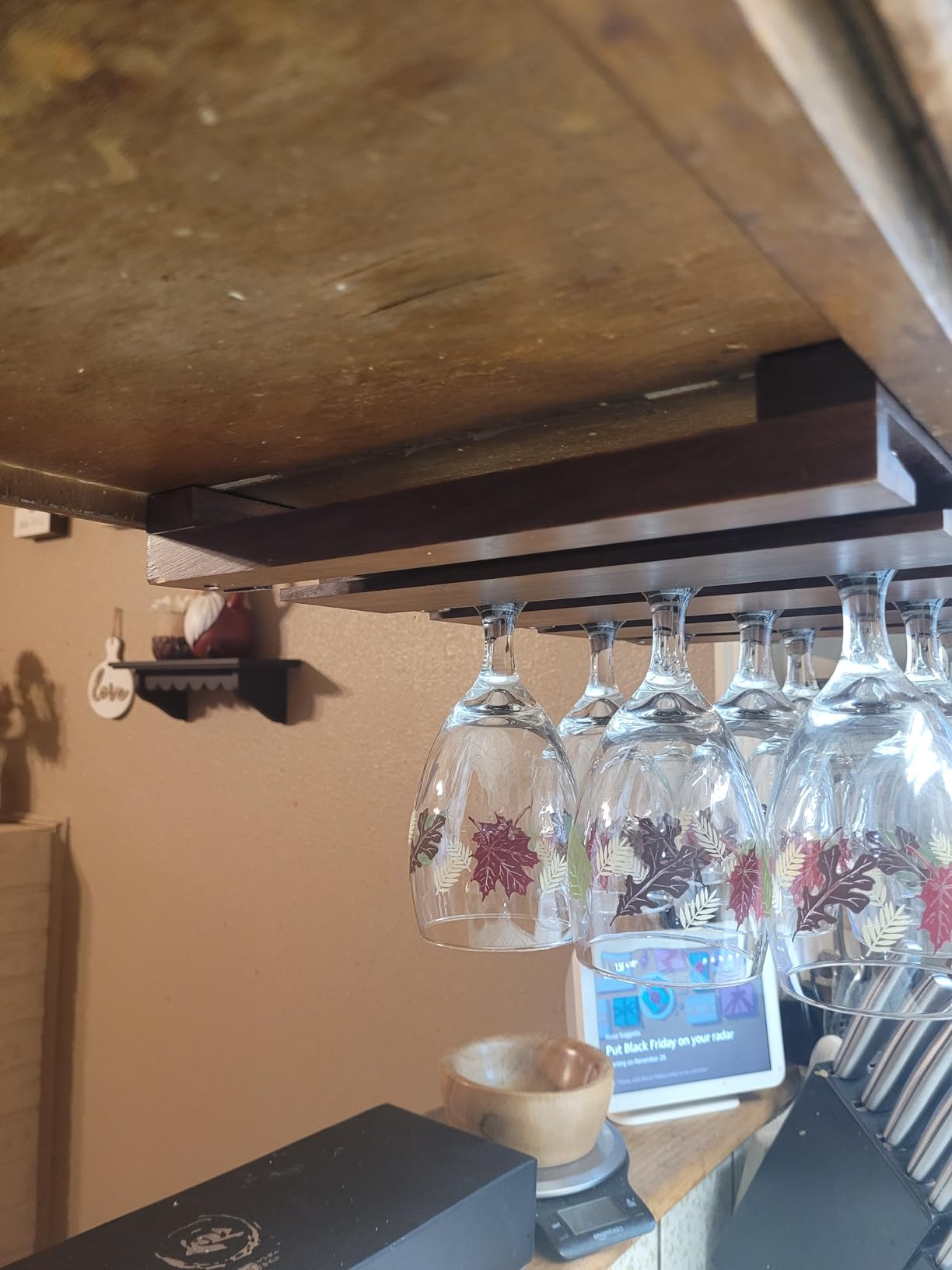 Rustic State Eze 4 Sectional Under Cabinet Mount Wood Stemware Rack Hanging Shelf Glassware Holder Bar Organizer with up to 12 Wine Glass Storage 12 Inch Deep Chestnut customer photo 2