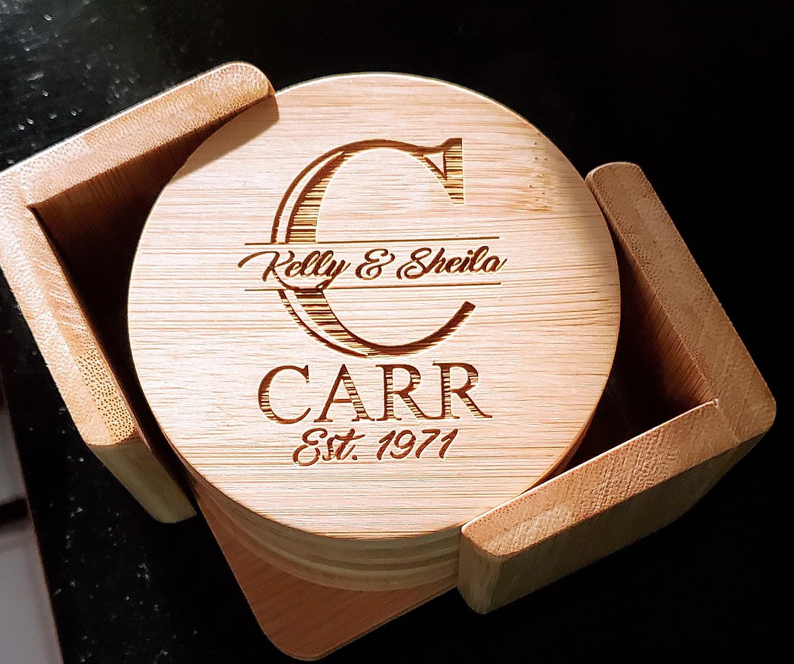 My Personal Memories, Custom Engraved Bamboo Wood Coasters - Personalized Coaster Set for Drinks, Weddings, Couples with Holder (Round Bamboo) customer photo 1