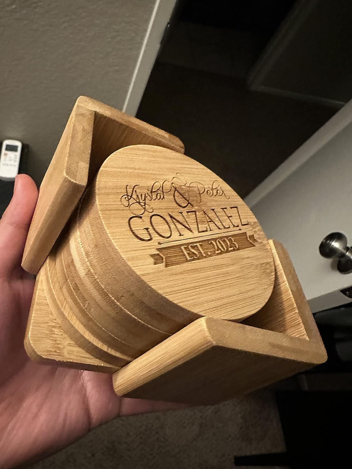 My Personal Memories, Custom Engraved Bamboo Wood Coasters - Personalized Coaster Set for Drinks, Weddings, Couples with Holder (Round Bamboo) customer photo 2