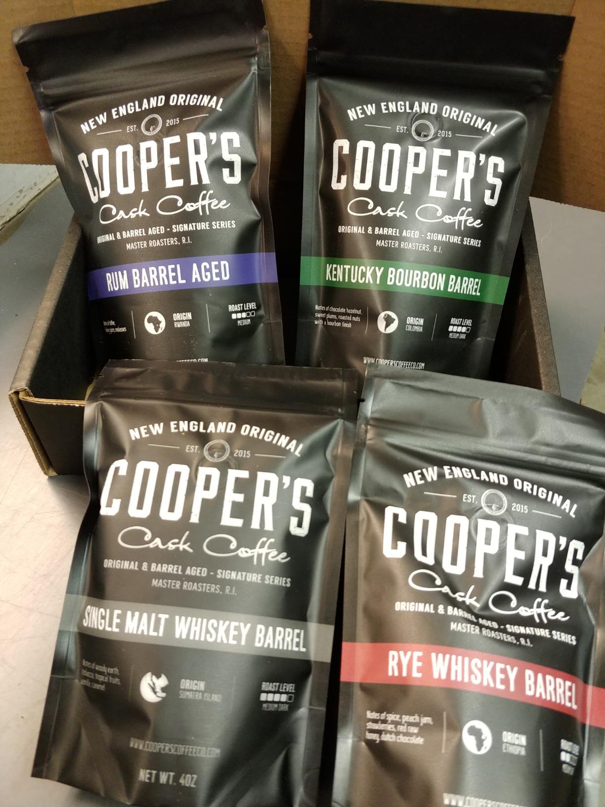 Bourbon & Whiskey Barrel Aged Coffee Box Set with Four Whole Bean Single Origin Coffees (Colombia, Sumatra, Ethiopia, Rwanda) Premium Small-Batch Gourmet Roasted Coffee Gift (Pack of 4) customer photo 1