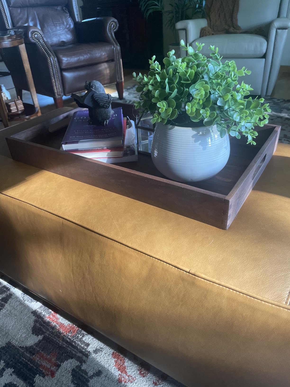 22 x 14 Inches Large Rectangle Black Walnut Wood Ottoman Tray with Handles, Serve Tea, Coffee, Classic Wooden Decorative Serving Tray customer photo 1