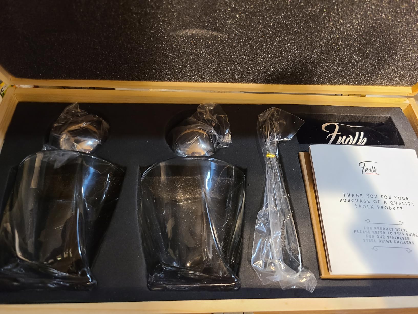Whiskey Chillers Premium Gift Set By Frolk, Set of 6 Extra Large Stainless Steel Whiskey Stones, 2 Large Twisted Whiskey Glasses (11 oz), Freezer Base, Velvet Pouch & Tongs in Novelty Wooden Box customer photo 2