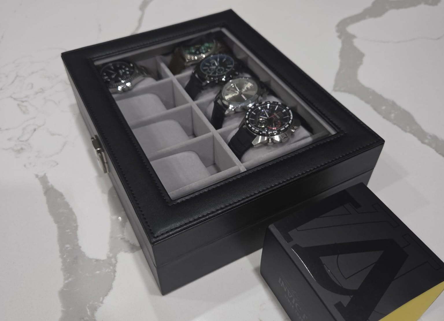 SONGMICS Watch Box, 12-Slot Watch Case Organizer with Large Glass Lid, Removable Pillows, Gift for Loved Ones, Black Synthetic Leather, Gray Lining UJWB12BK customer photo 2