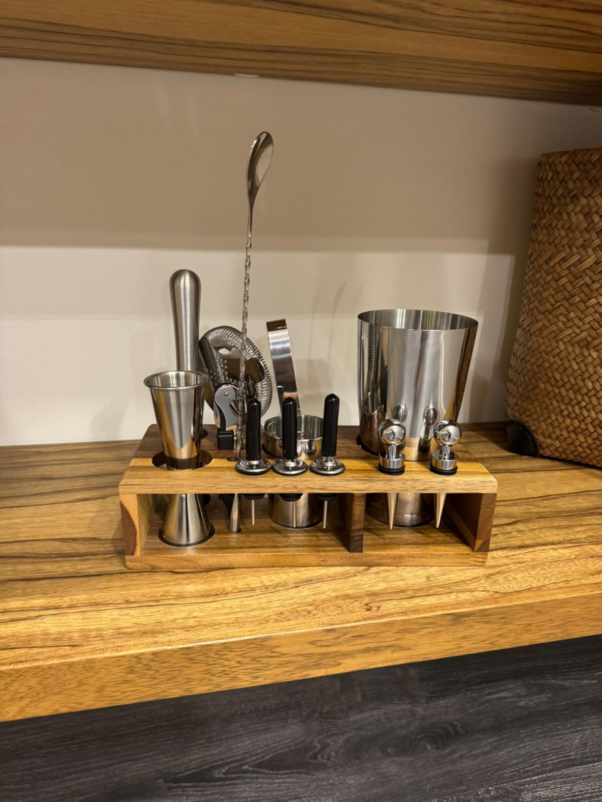 Barillio Bartender Kit - Stainless-Steel Cocktail Shaker Set w/Bamboo Stand - Mixology Bar Tools w/Drink Shaker, Mixer Spoon & Muddler for Cocktails - Home Bar Accessories - 23-Pc Bar Set - Silver customer photo 2