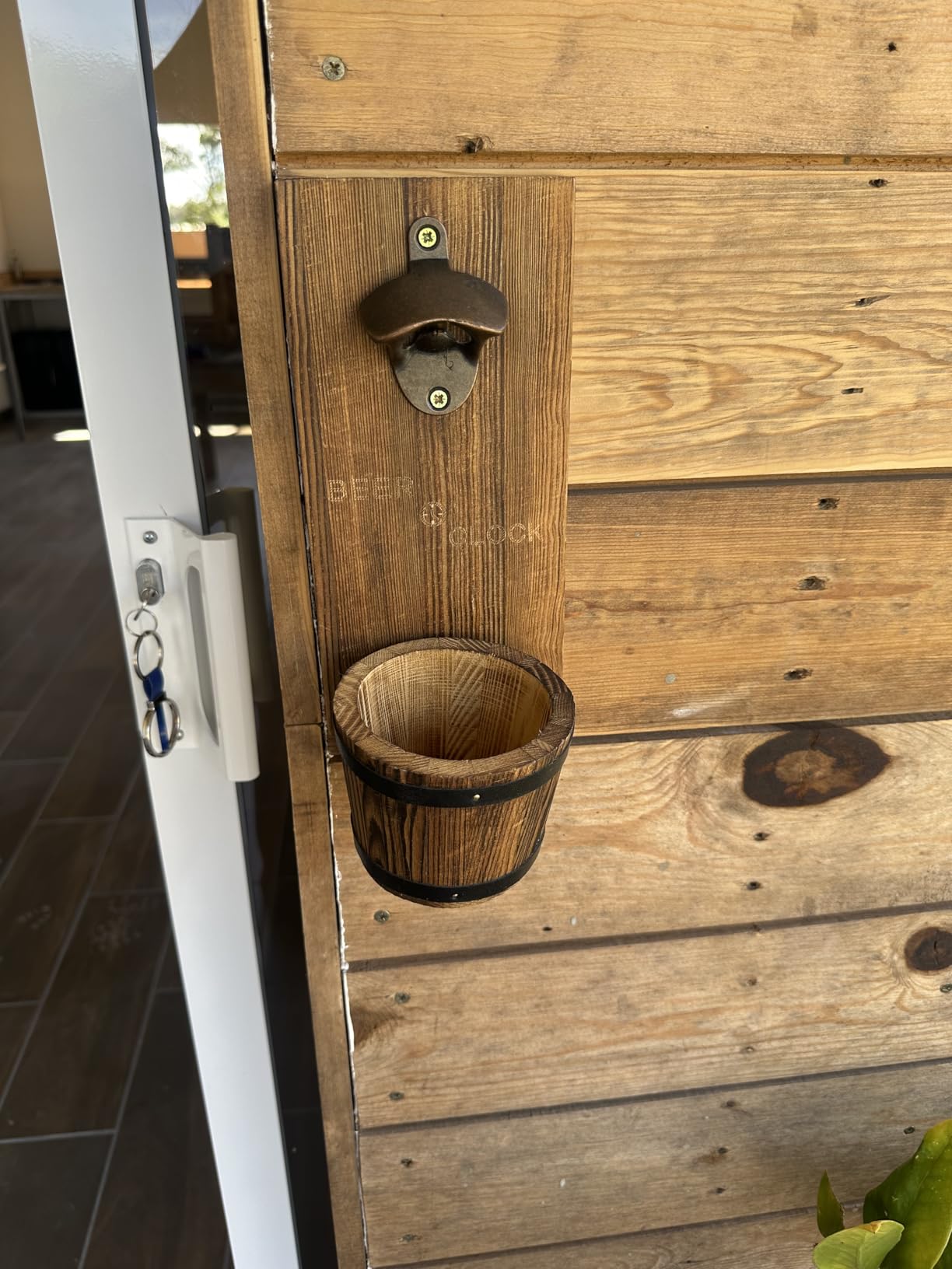 Beer O' Clock Rustic Wall Mounted Bottle Opener and Catcher - Dark Stain Pine with Zinc Alloy Opener - Removable Wooden Bucket customer photo 1