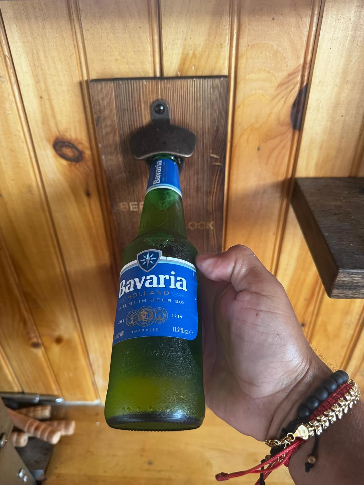 Beer O' Clock Rustic Wall Mounted Bottle Opener and Catcher - Dark Stain Pine with Zinc Alloy Opener - Removable Wooden Bucket customer photo 2