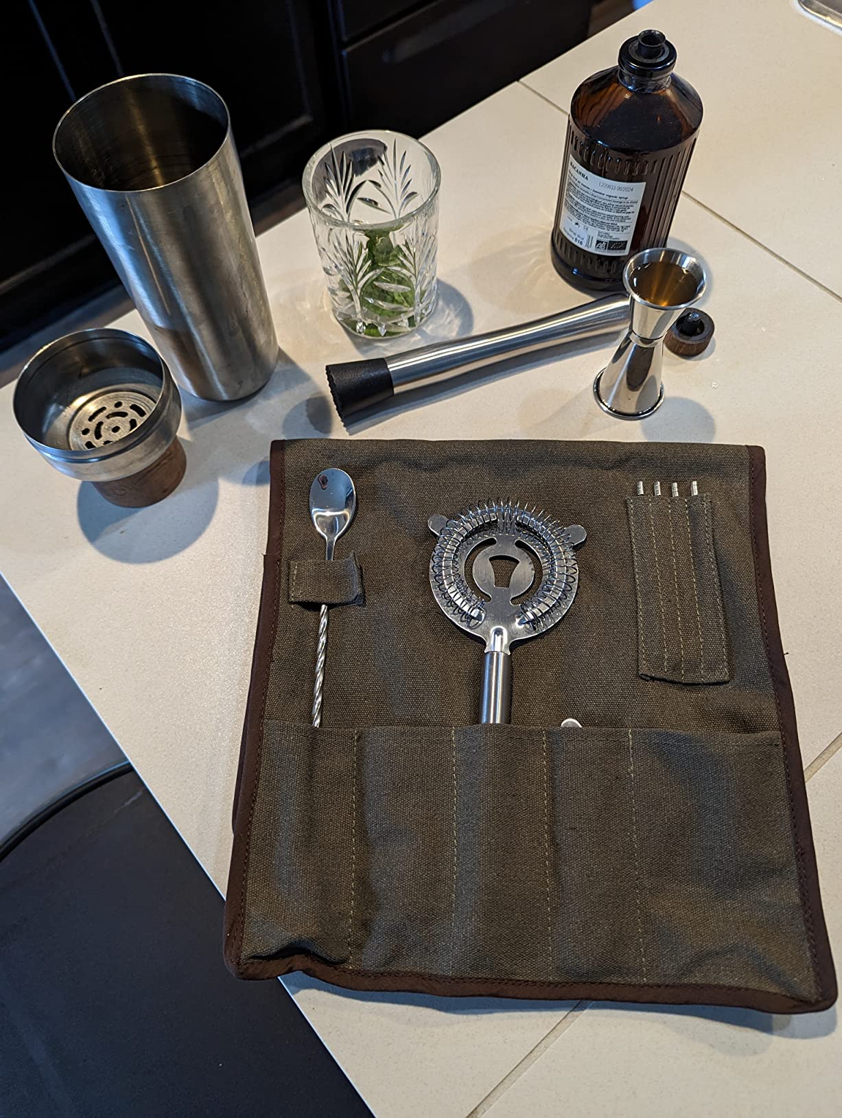 PICNIC TIME 10-Piece Bar Tool Roll Up Kit, Travel Bartender Kit with Bag and Cocktail Set, Mixology Bartender Travel Set with Waxed Canvas Storage Pouch and Cocktail Accessories, (Khaki) customer photo 2