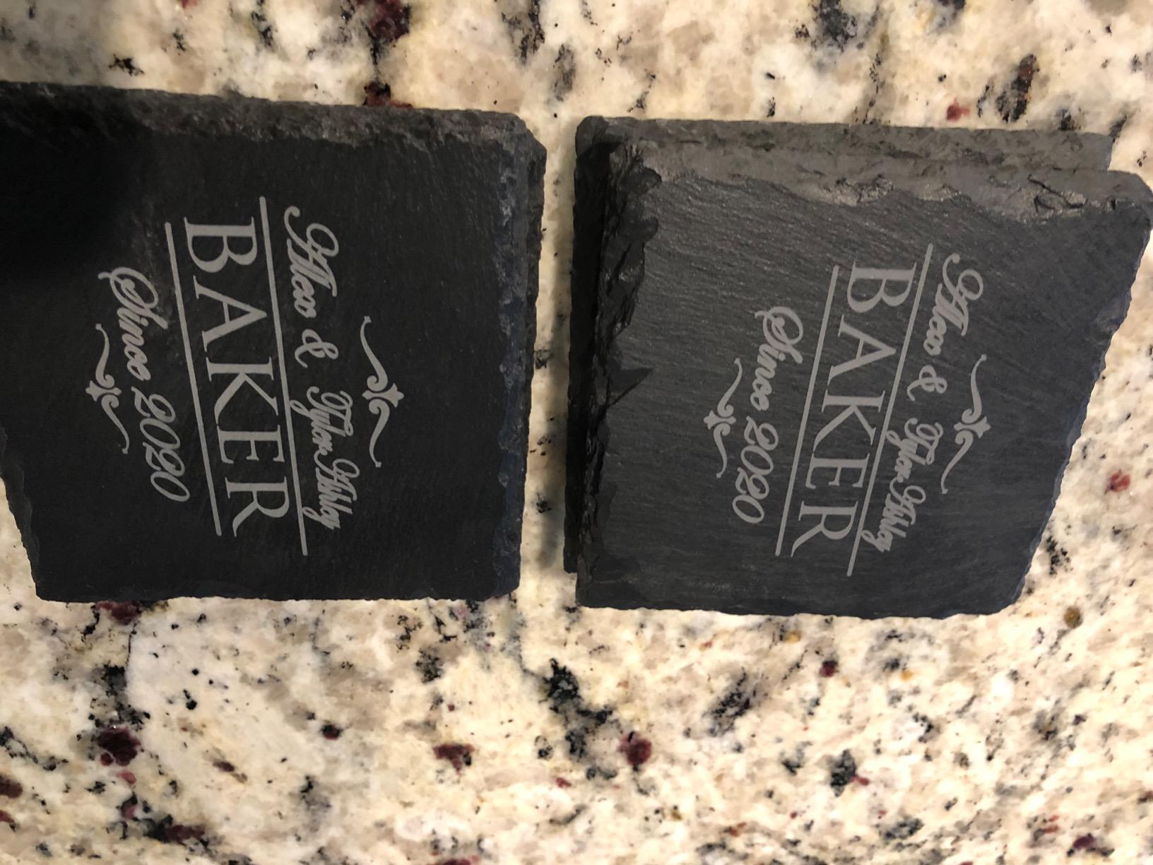 My Personal Memories Custom Engraved Slate Coasters Set of 4 - Monogrammed Coasters for Drinks, Weddings, Couples, Anniversaries - Personalized (Square) customer photo 2