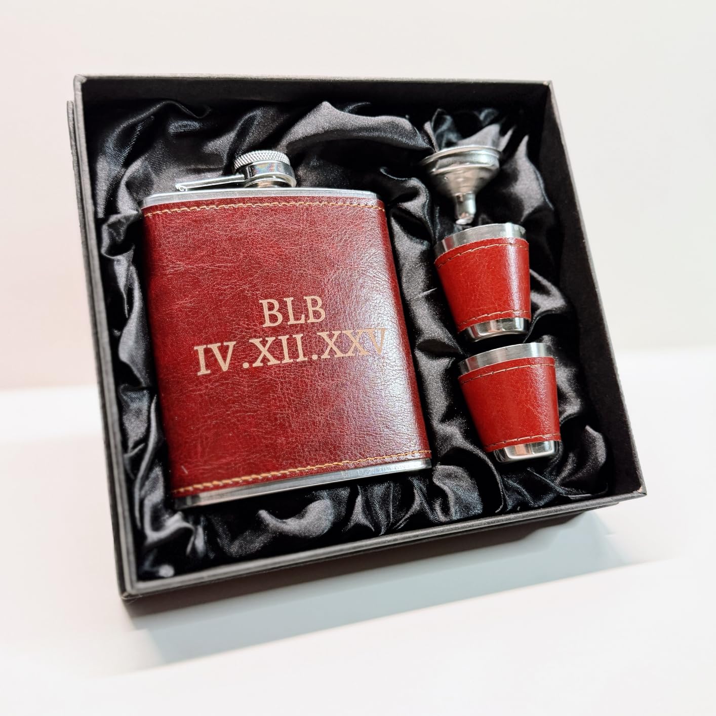 7 Oz Stainless Steel Hip Flask Gift Set Brown Leather with 2 Cups and Funnel 100% Leak Proof for Alcohol, Whiskey, Rum and Vodka Pocket Mini Drinking Flasks customer photo 1