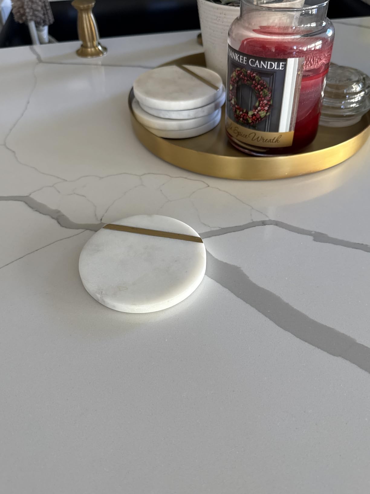 Cork & Mill Marble Coasters Set of 6 - Luxury Aesthetic Modern Decor for Coffee Table- White Marble with Gold Brass Inlay - Real Natural Semi Absorbent Stone Coasters customer photo 1