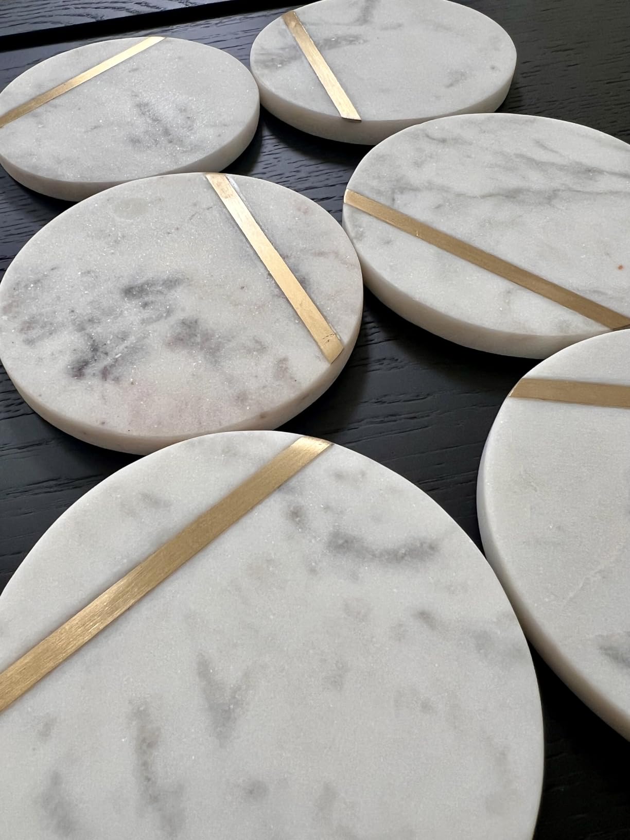 Cork & Mill Marble Coasters Set of 6 - Luxury Aesthetic Modern Decor for Coffee Table- White Marble with Gold Brass Inlay - Real Natural Semi Absorbent Stone Coasters customer photo 2