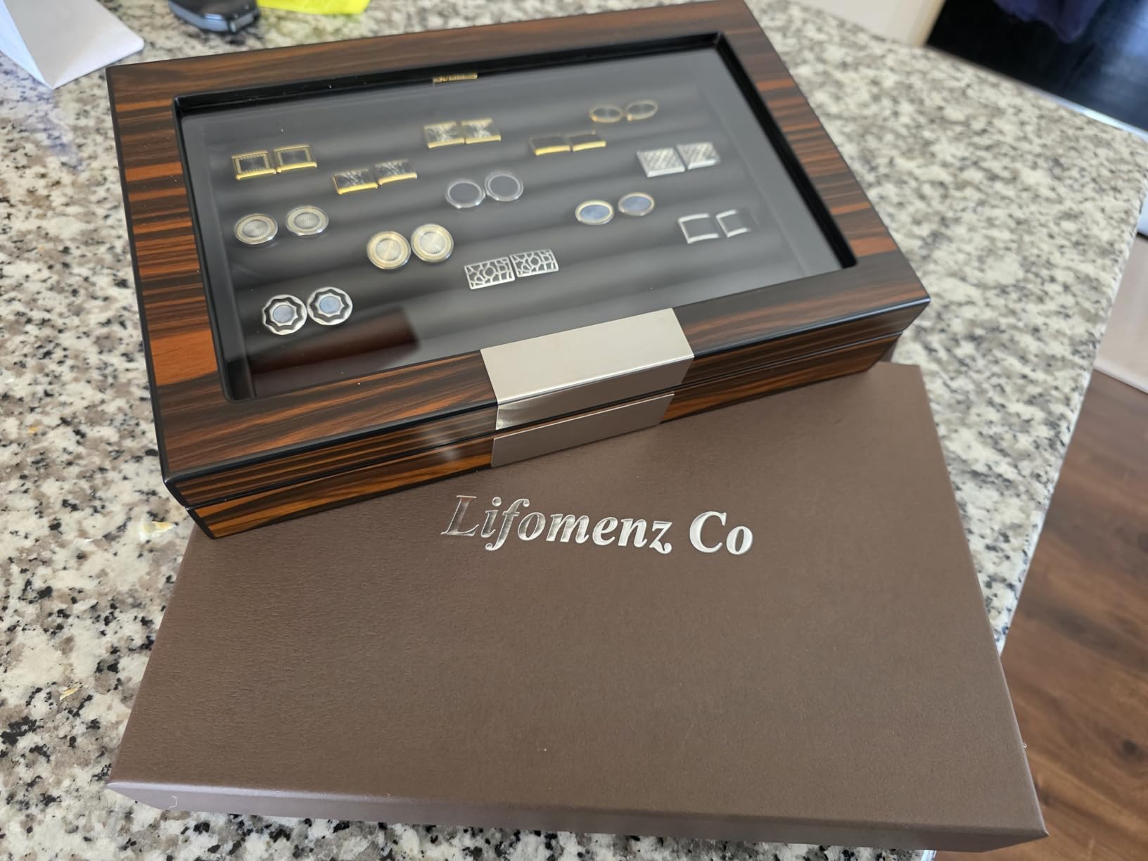 Wood Cufflink Box with Glass Window Cufflink Display Case Ring Organizer and Cufflink Box for men Hold 36-46 Pairs customer photo 1