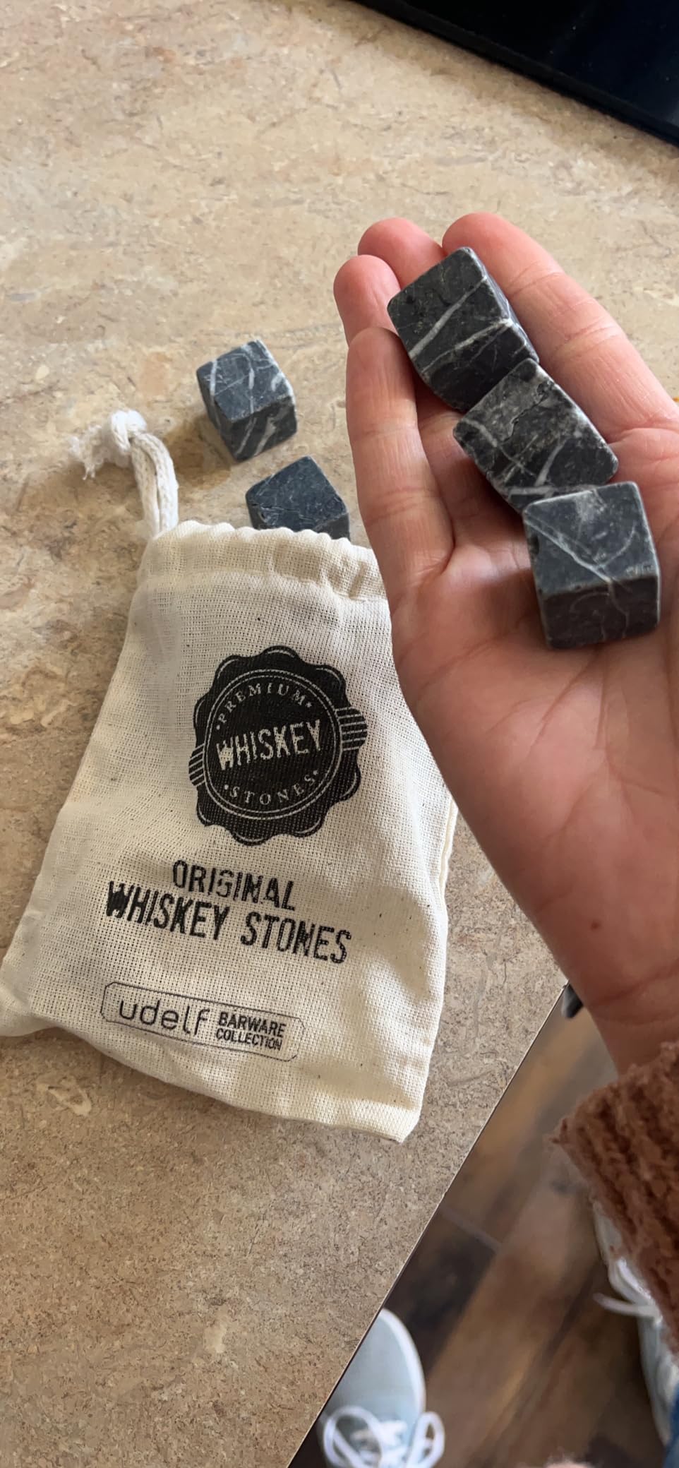 Premium Whiskey Stones Gift Set with 12 Pcs Stones and Bag. Whiskey, Bourbon, Cognac, Scotch, Gin, Wine Beverage. Marble Reusable Ice Cubes. Birthday Gift for Whiskey Lovers. (Dark Grey) customer photo 1