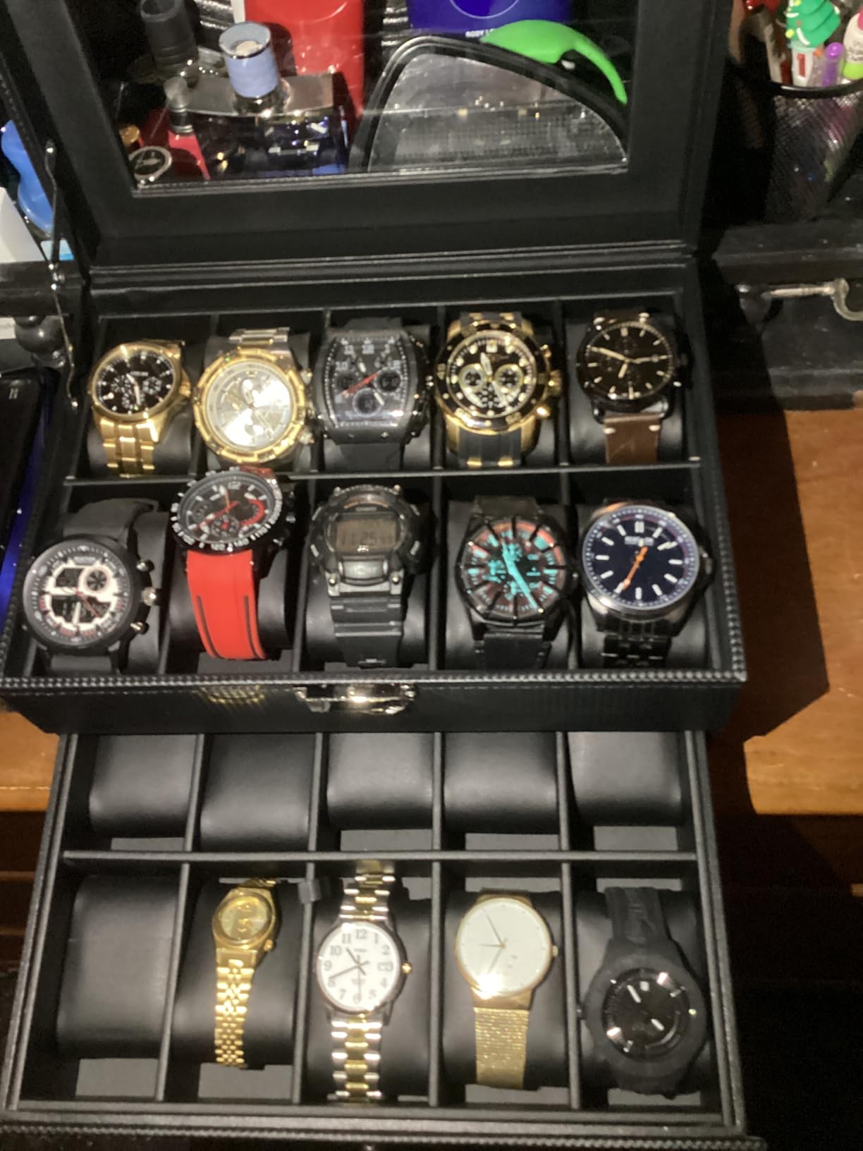 BEWISHOME Watch Case, 20-Slot Watch Box Organizer for Men Watch Case with Large Glass Lid Watch Travel Case Removable Watch Pillows, Mens Jewelry Box Watch Display Case, Watch Storage, Black SSH04C customer photo 1