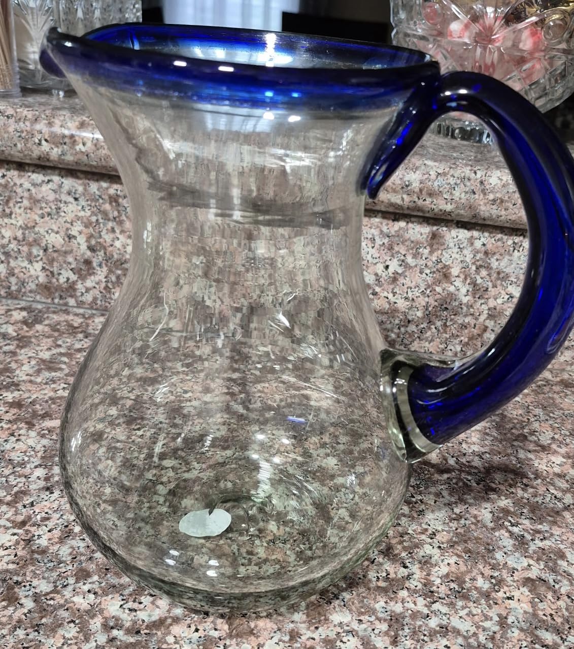 Mexican Hand Blown Glass Pitcher - Cobalt Blue Rim and Handle (84 oz) customer photo 1