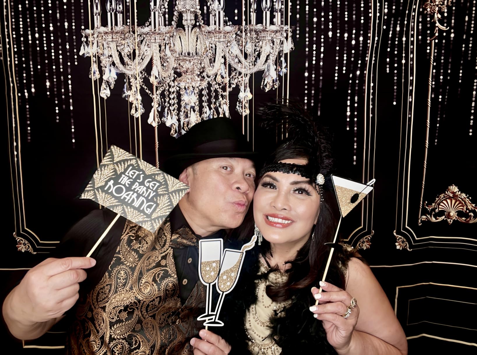 Fully Assembled Roaring 20s Photo Booth Props - Set of 30 - Black & Gold Glitter Selfie Signs - Great Gatsby Themed Party Supplies & Decorations - Cute Vintage 1920s Designs customer photo 1