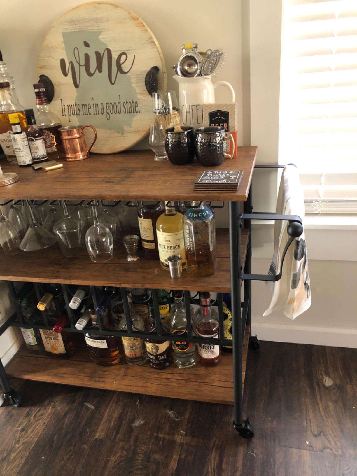 Best Choice Products 45in Industrial Wood Shelf Bar & Wine Storage Service Cart Trolley w/ 14 Bottle & 18 Glass Racks, Locking Caster Wheels customer photo 1