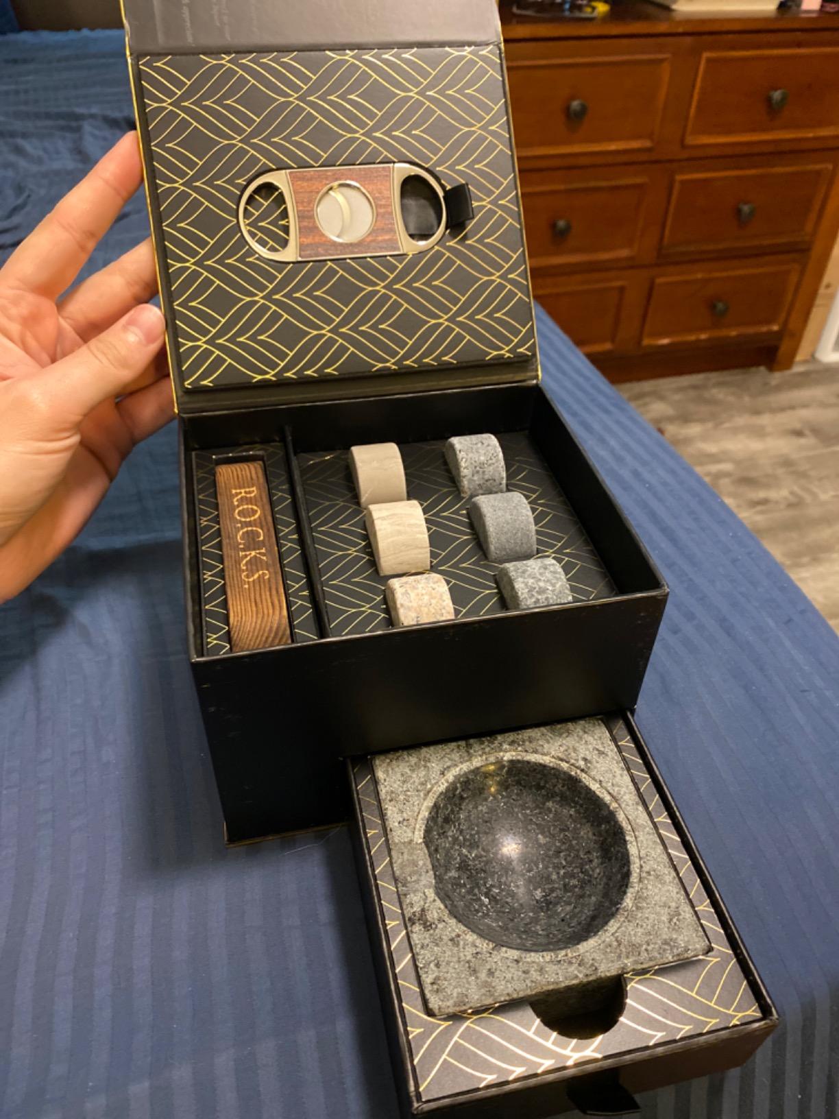 Whiskey Stones Gift Set with Cigar Cutter & Cigar Ashtray - 6 Handcrafted Round Stones, Presentation & Storage Tray - Luxurious Whiskey & Cigar Accessories Gold Foil Gift Box by R.O.C.K.S. customer photo 1
