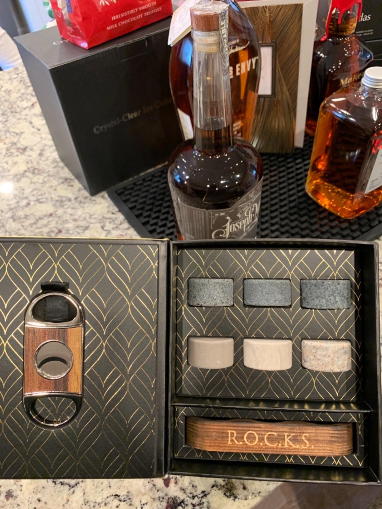 Whiskey Stones Gift Set with Cigar Cutter & Cigar Ashtray - 6 Handcrafted Round Stones, Presentation & Storage Tray - Luxurious Whiskey & Cigar Accessories Gold Foil Gift Box by R.O.C.K.S. customer photo 2