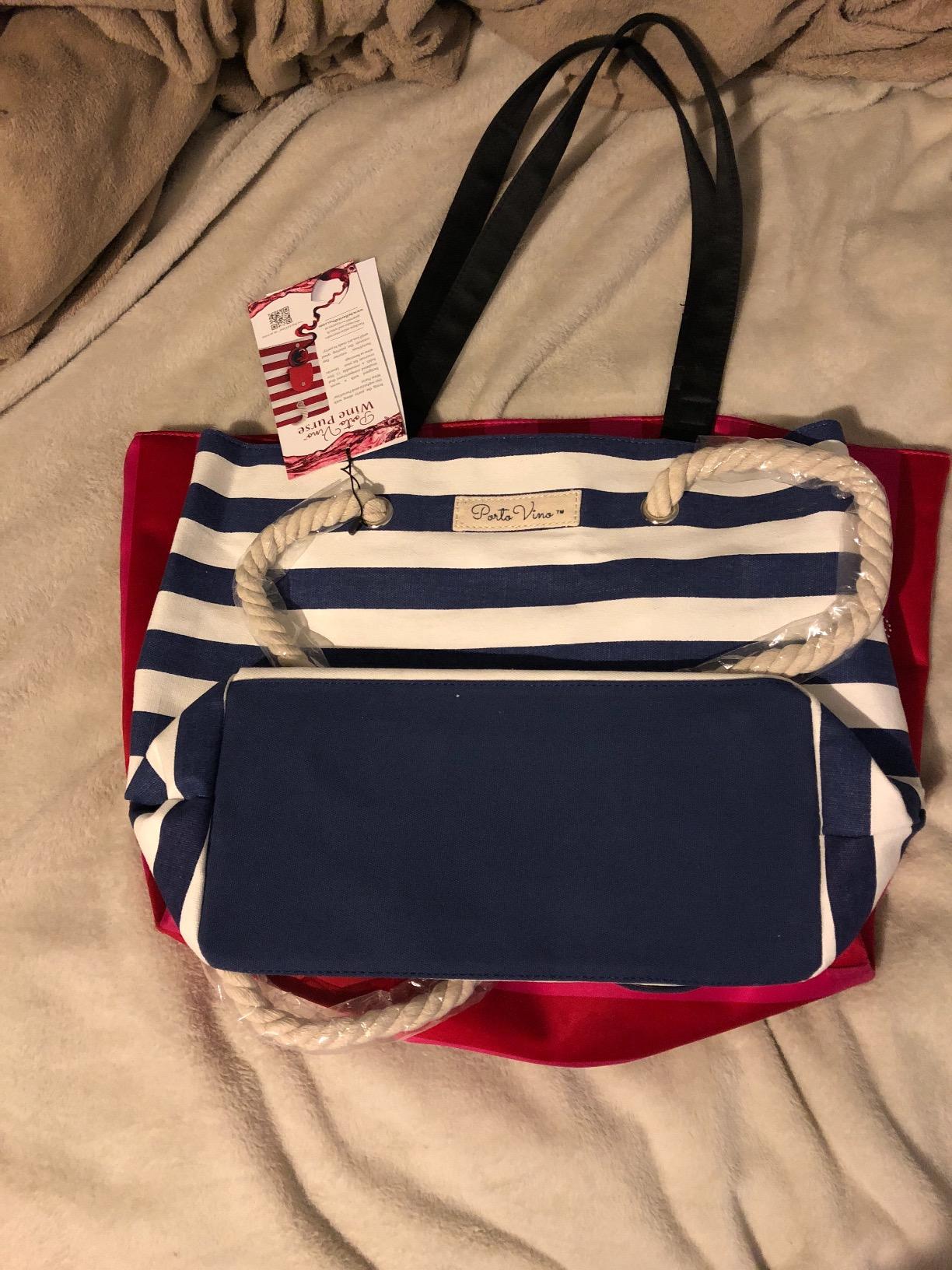 PortoVino Insulated Wine Purse Tote Bag | Canvas Drink Pouches | Hidden Spout, Wine Dispenser Flask | Beach Bag Holds 50 oz Beverage for Travel | Concerts | Drink Lovers - Pink/White customer photo 2