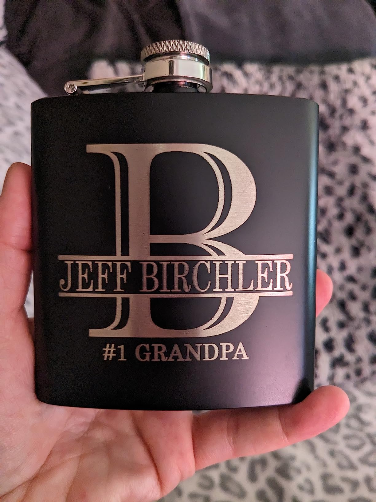 Personalized Etched 6oz Black Stainless Steel Flask - Halpert, Whiskey Gifts for Men - Metal Hip Pocket Discreet Flask - Custom Groomsmen Gifts - Whiskey Bourbon Gifts for Men Women, Engraved customer photo 1
