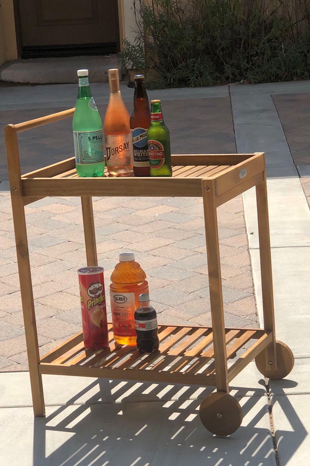 Tangkula Wood Bar Cart, Outdoor Indoor 2 Tier Rolling Serving Cart with Wine Bottle Holders and 2 Rubber Wheels, Bar Table Beverage Drink Cart for Kitchen, Patio, Garden and Poolside, Natural customer photo 2