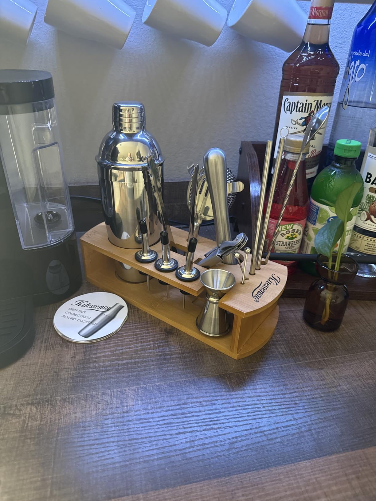 KITESSENSU Cocktail Shaker Set Bartender Kit with Stand | Bar Set Drink Mixer Set with All Essential Accessory Tools: Martini Shaker, Jigger, Strainer, Mixer Spoon, Muddler, Liquor Pourers |Silver customer photo 1