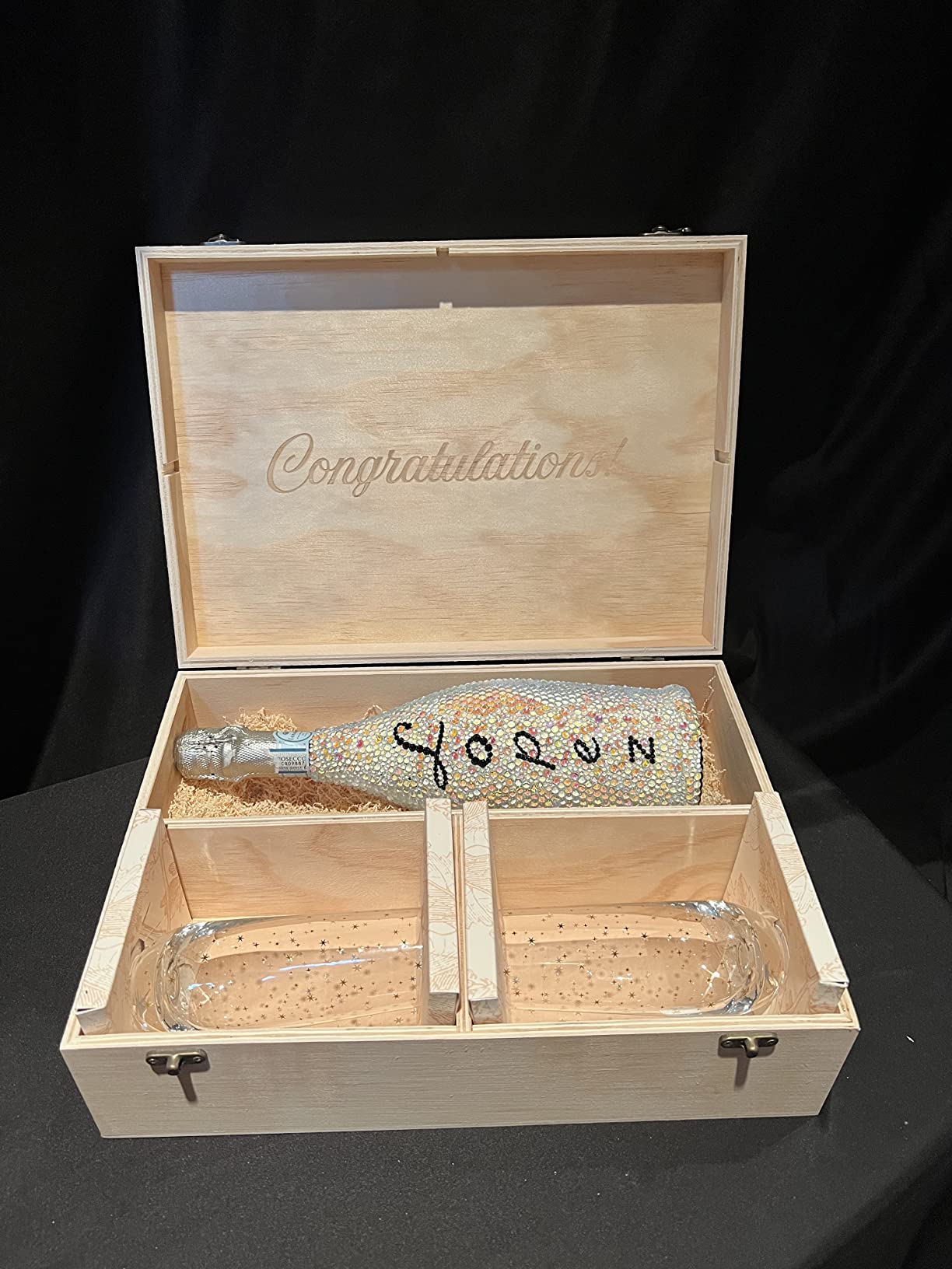 Twine Champagne Bottle Gift Box, Wine Box with Lid and 2 Stemless Flutes, Packing Straw, Holds 1 Champagne Bottle, Wood customer photo 1