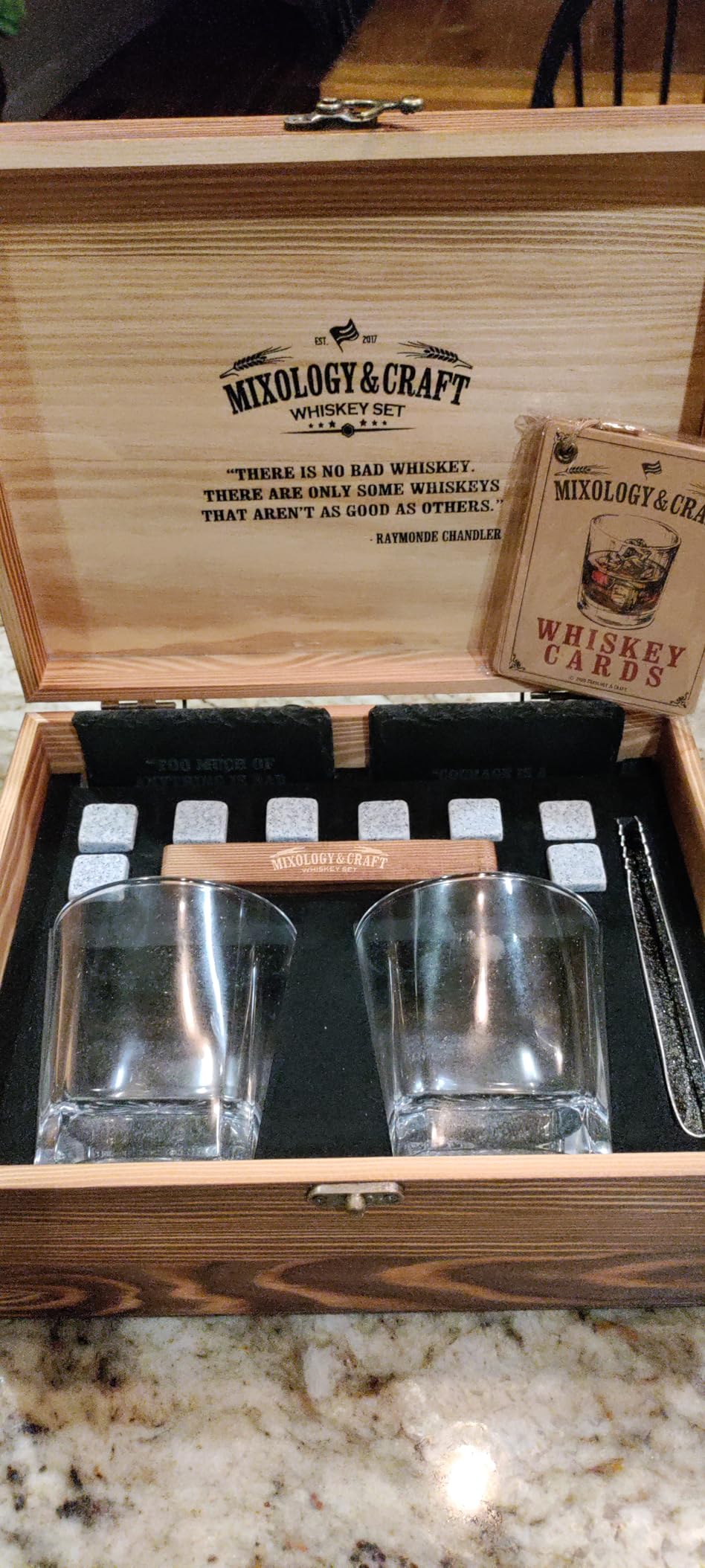 Mixology & Craft Whiskey Stones Gift Set: with Two 10oz Lead-Free Crystal Whiskey Glasses, 8 Whiskey Stones with Velvet Bag, 2 Slate Coasters & Recipe Cards in Wooden Crate customer photo 2