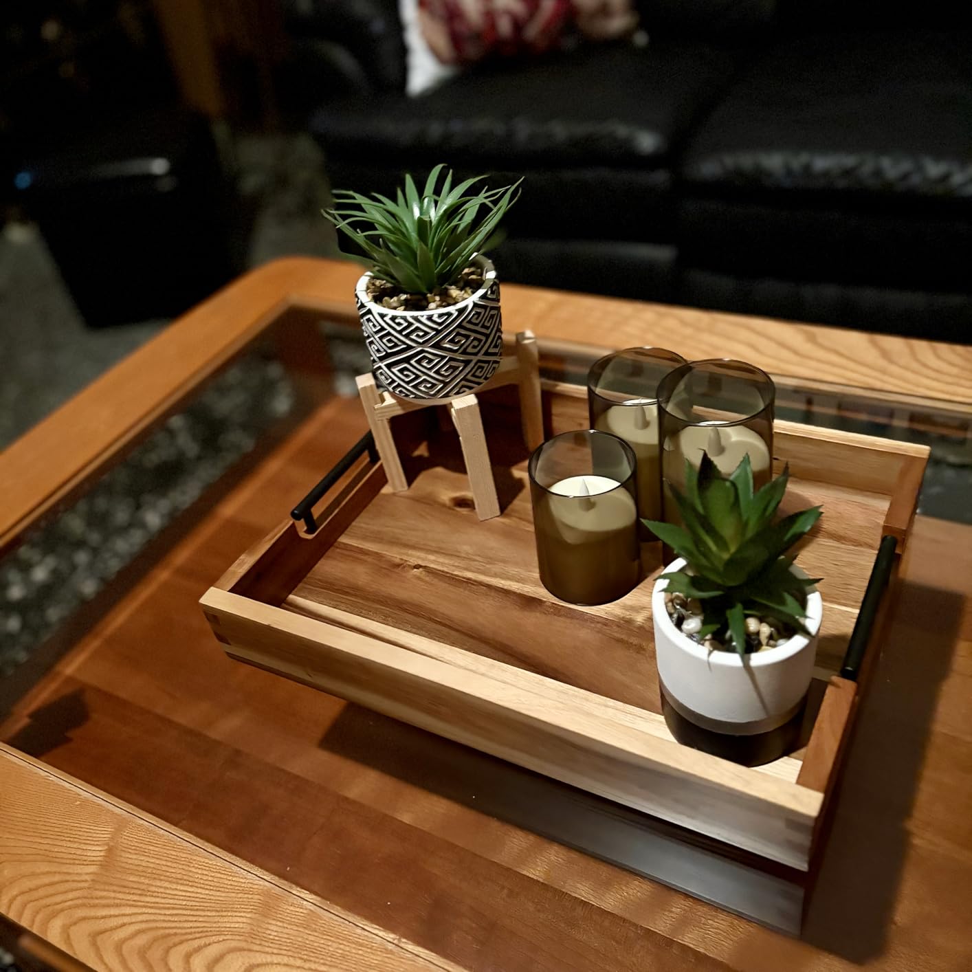 Ottoman Tray, Acacia Wood Serving Tray with Metal Handles, 16.5x12.5in Food Drinks Tray for Coffee Table, Breakfast, Dinner & Bar, Rustic Decorative Storage Tray for Ottoman, Kitchen customer photo 1