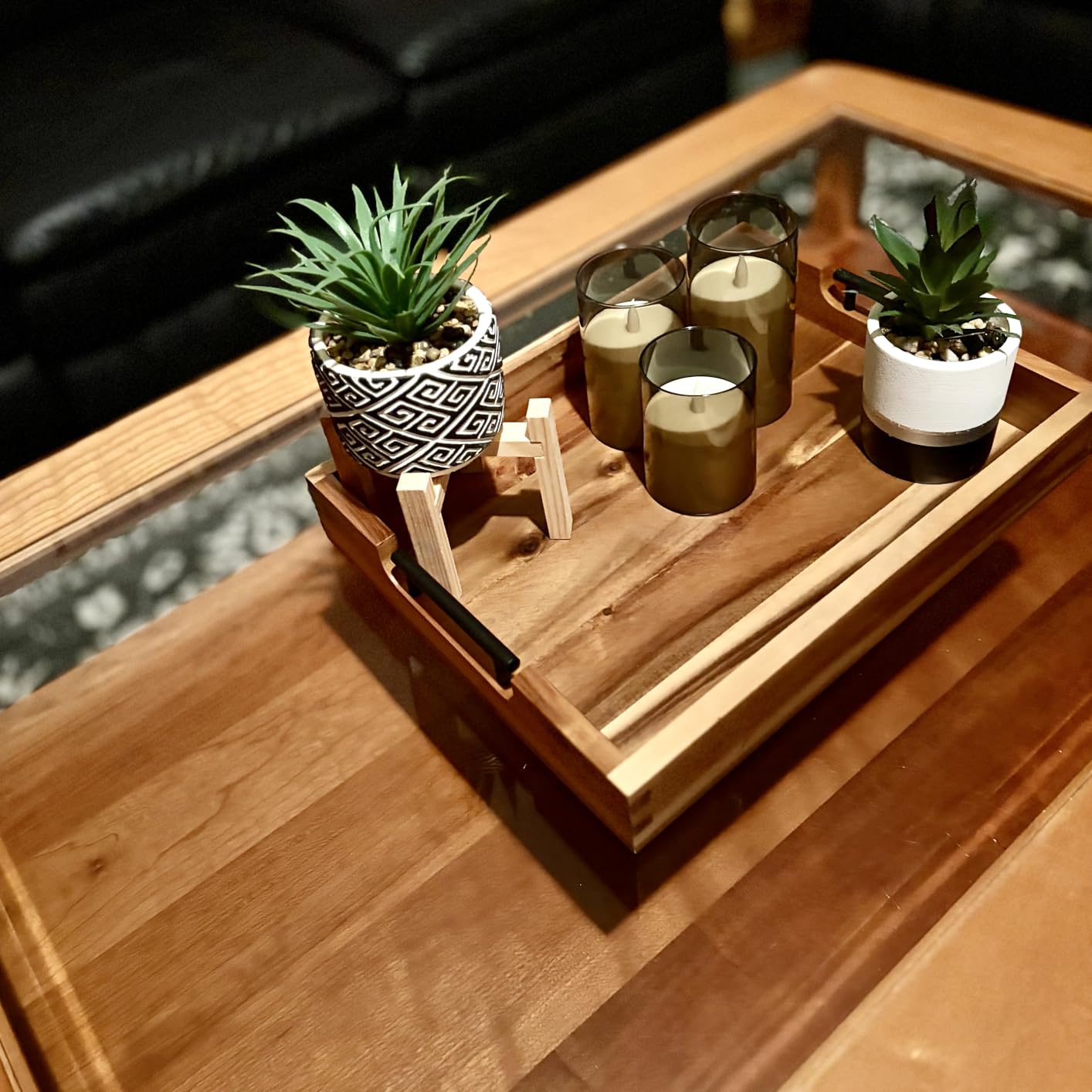 Ottoman Tray, Acacia Wood Serving Tray with Metal Handles, 16.5x12.5in Food Drinks Tray for Coffee Table, Breakfast, Dinner & Bar, Rustic Decorative Storage Tray for Ottoman, Kitchen customer photo 2