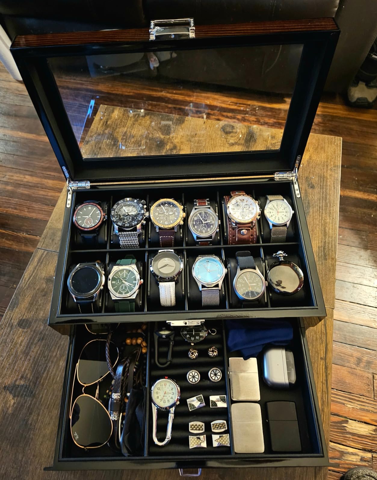 BEWISHOME High-End Watch Box, 12-Slot Watch Case with Large Glass Lid, 2-Layer Wooden Watch Box for Men, Watch Organizer Watch Storage Holder for Men Father's Day Brown SSH02Y customer photo 1