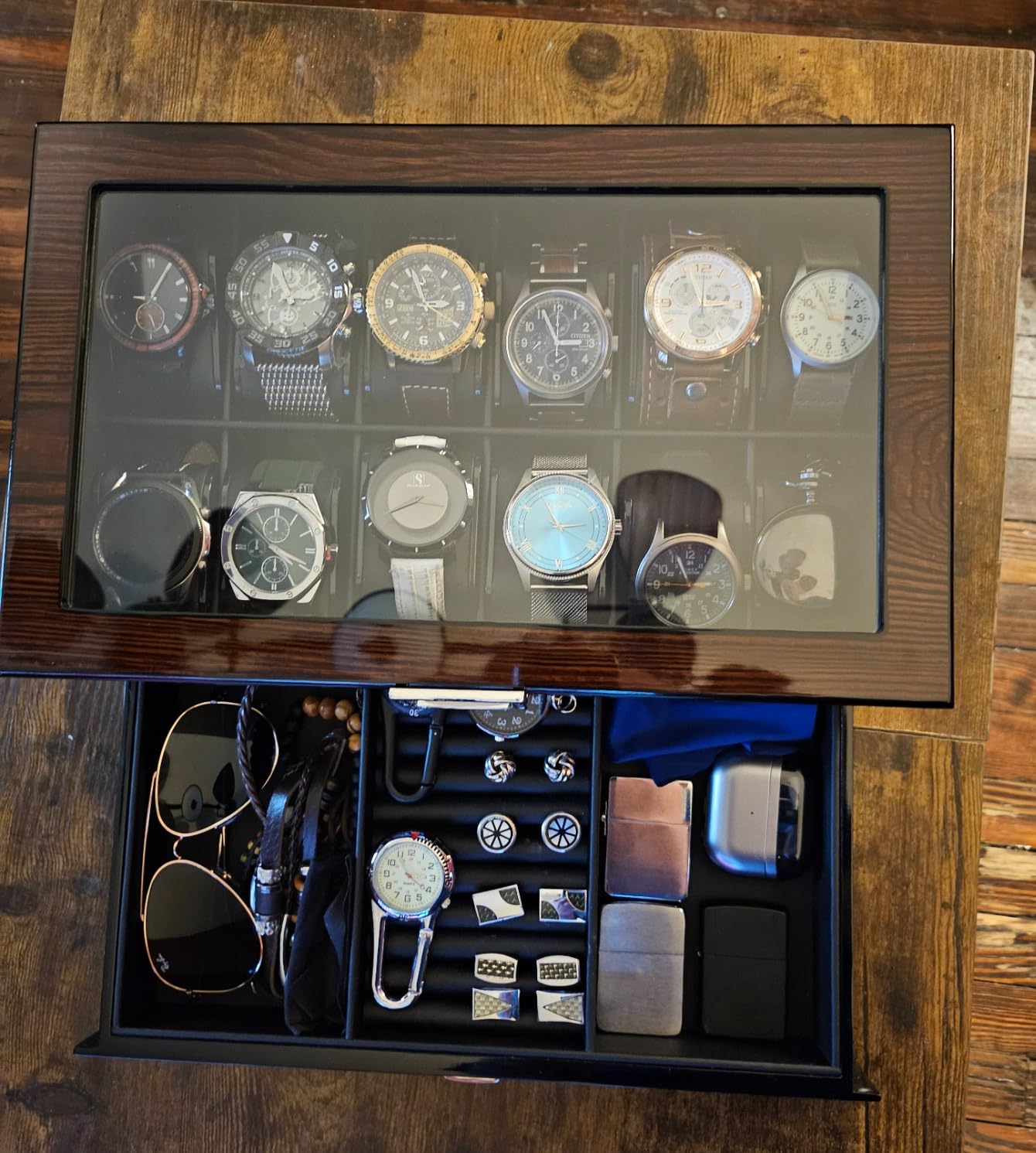BEWISHOME High-End Watch Box, 12-Slot Watch Case with Large Glass Lid, 2-Layer Wooden Watch Box for Men, Watch Organizer Watch Storage Holder for Men Father's Day Brown SSH02Y customer photo 2