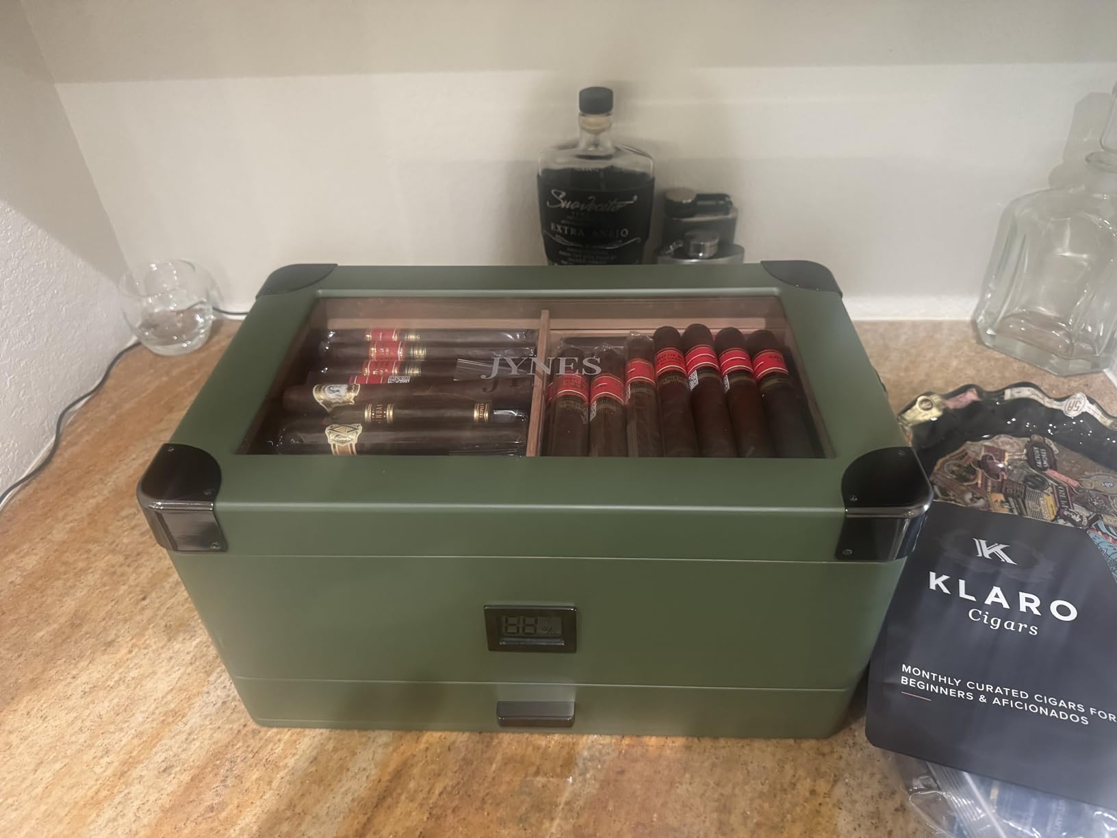 Military Glass Top Humidor, Matte Green with Digital Hygrometer, Spanish Cedar, Humidor Solution, Hydro System, and Accessory Drawer, Holds (70-100 Cigars) by Klaro, Includes Smart Valet customer photo 1
