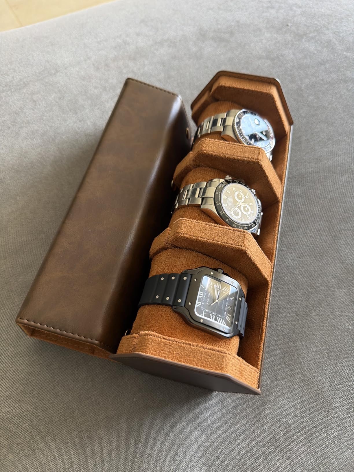 ROSELLE Watch Roll Travel Case for Men and Women - 3 Watch Storage and Organizer - Secure Storage with Innovative Removable Pillows & Solid Dividers for Home, Travel and Display (Brown) customer photo 2