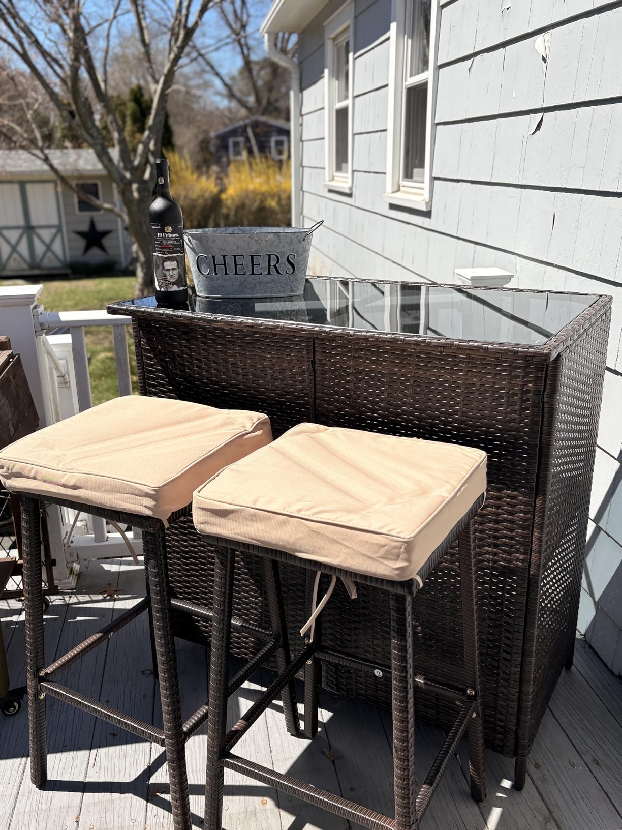 Yaheetech 3pcs Outdoor Bar Set, Patio Wicker Bar Furniture with 2 Storage Shelves, Glass Top Table, Cushions and Two Stools, Brown/Khaki customer photo 2