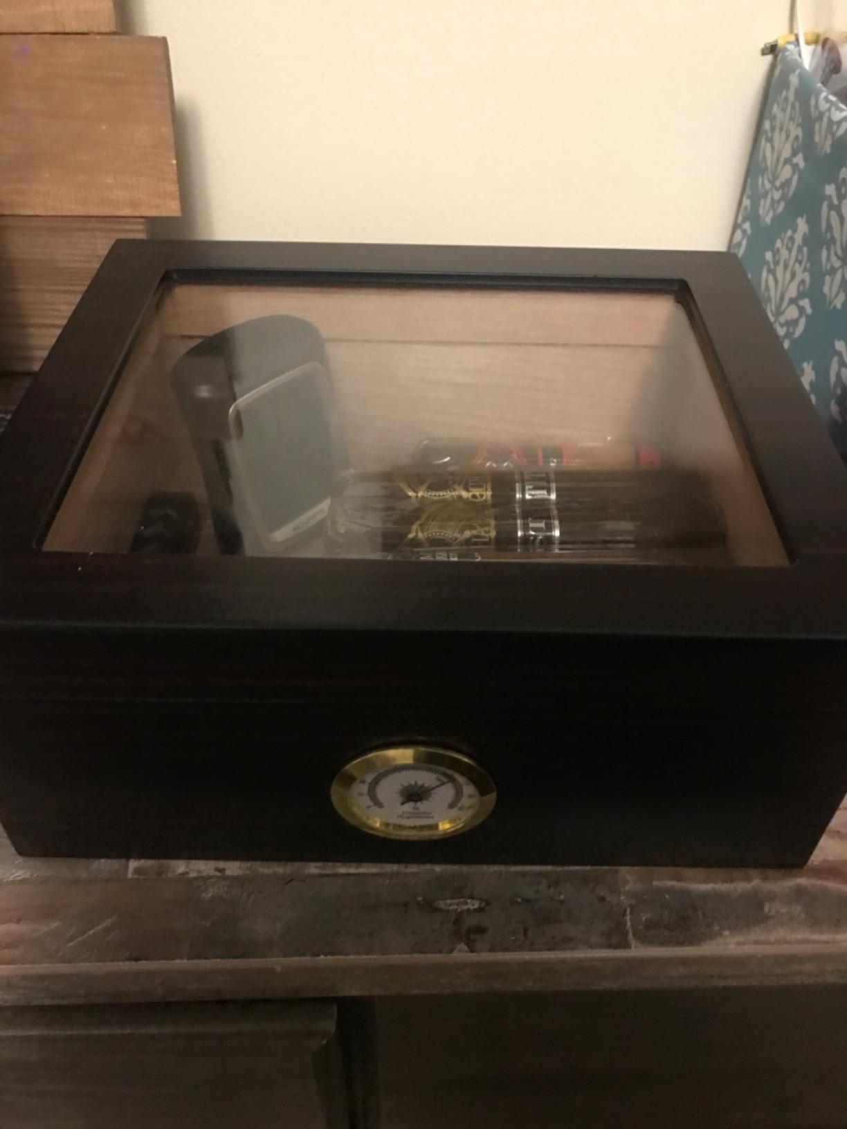 Cigar Humidor Case, Holds 25-50 Cigars, Tempered Glass Top Display, Handcrafted Spanish Cedar Wood Desktop Cigar Box with Divider, Humidifier, Hygrometer, Burlwood Blond customer photo 2