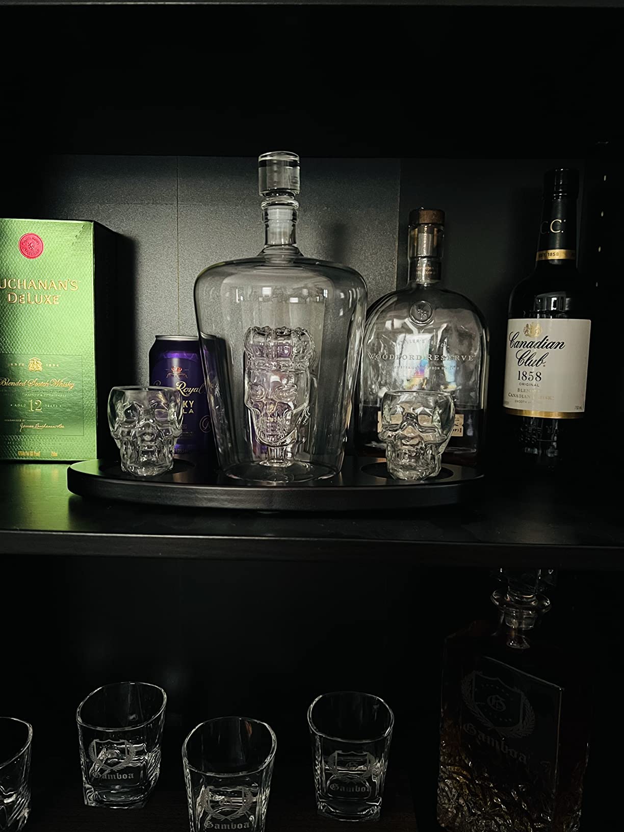 Skull Decanter, Skeleton Whiskey, Tequila & Wine Decanter Set 750 mL With 2 Skull Head 3oz Shot Glasses + Mahogany Wooden Base Decor Glass, Goth Spooky Drinking Glassware - Skull Barware customer photo 1